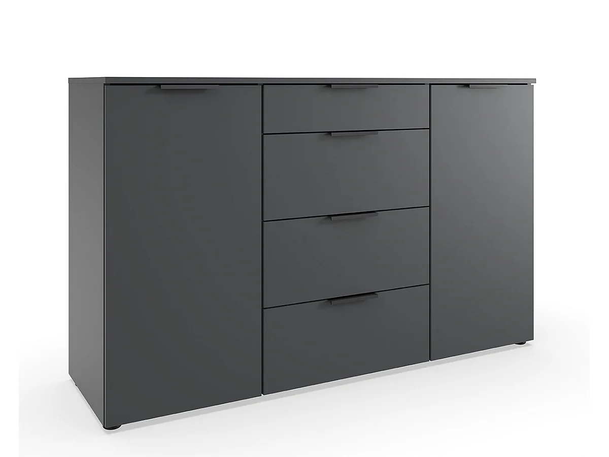 Commode, meuble de rangement avec 2 portes et 4 tiroirs coloris graphite, lamelles imitation chêne Artisan - Longueur 135 x Hauteur 84 x Profondeur 41 cm 