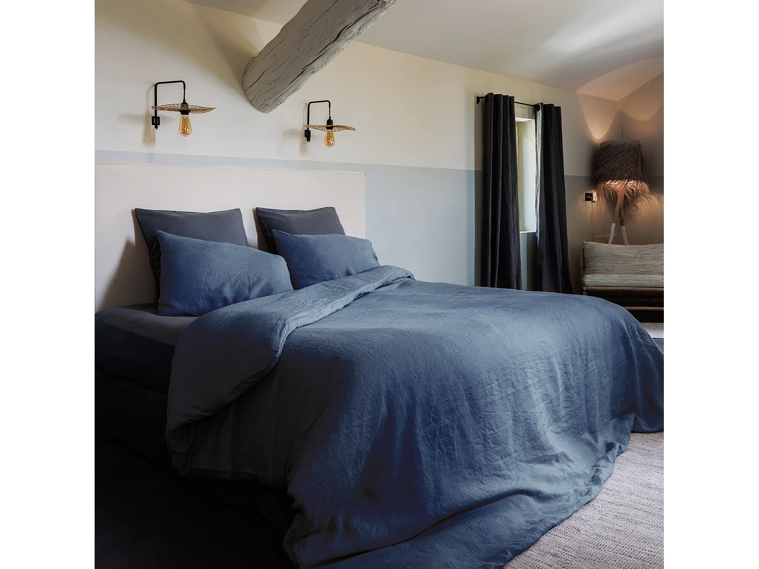 Parure de lit 280x240 cm et 50x70 cm collection OPERA bleu ardoise 3 pièces