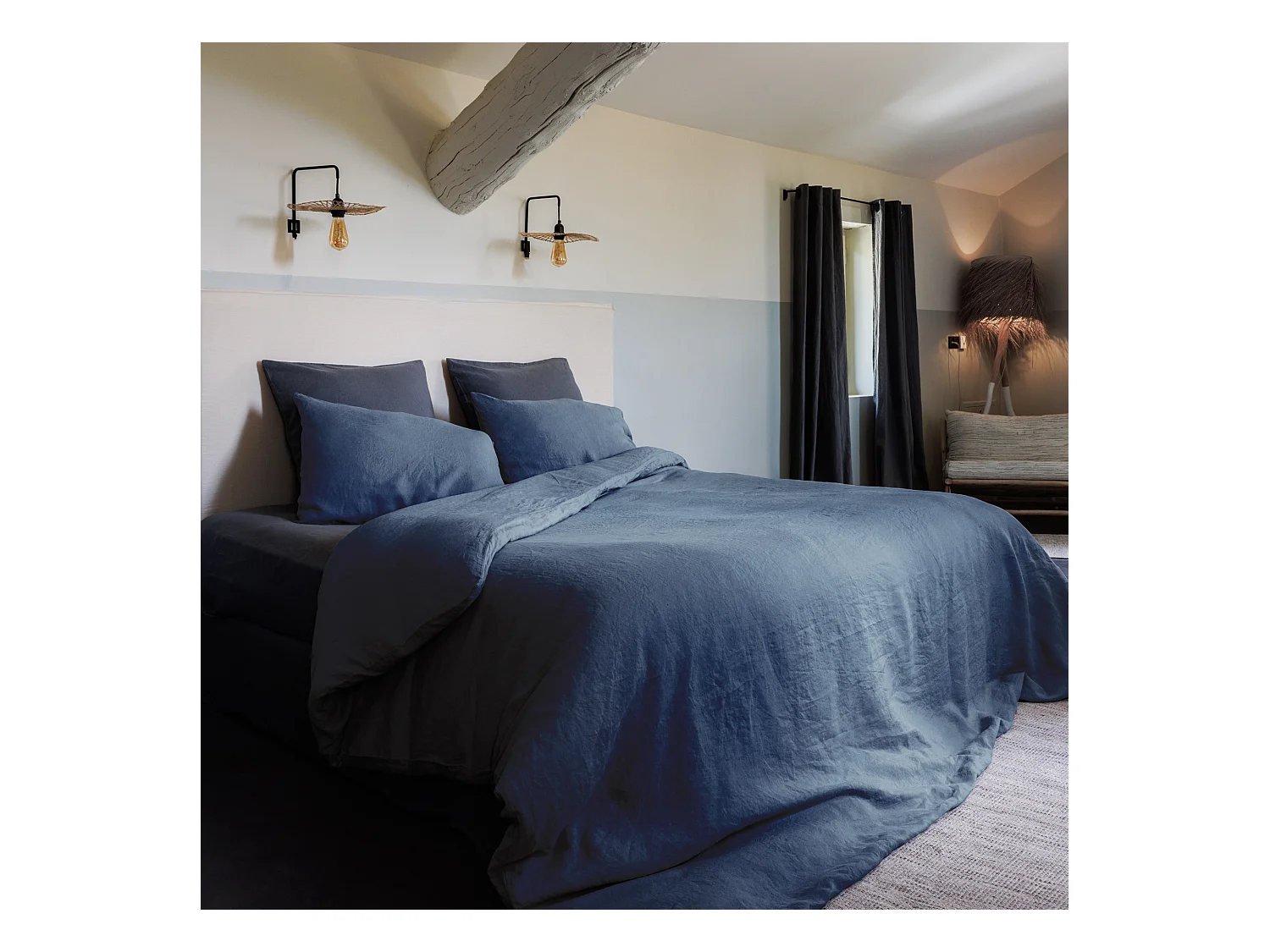Parure de lit 280x240 cm et 50x70 cm collection OPERA bleu ardoise 3 pièces