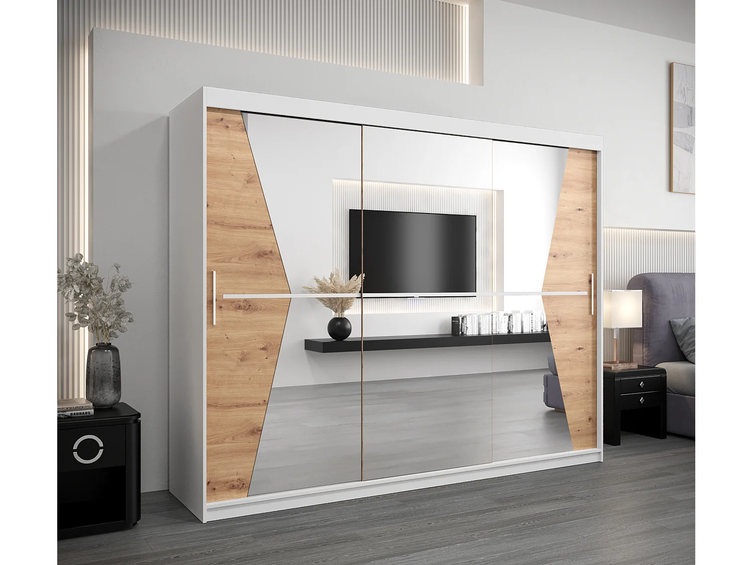 Armoire Maroko À Portes Coulissantes 200/250/62 3 Portes (Blanc/Artisan)