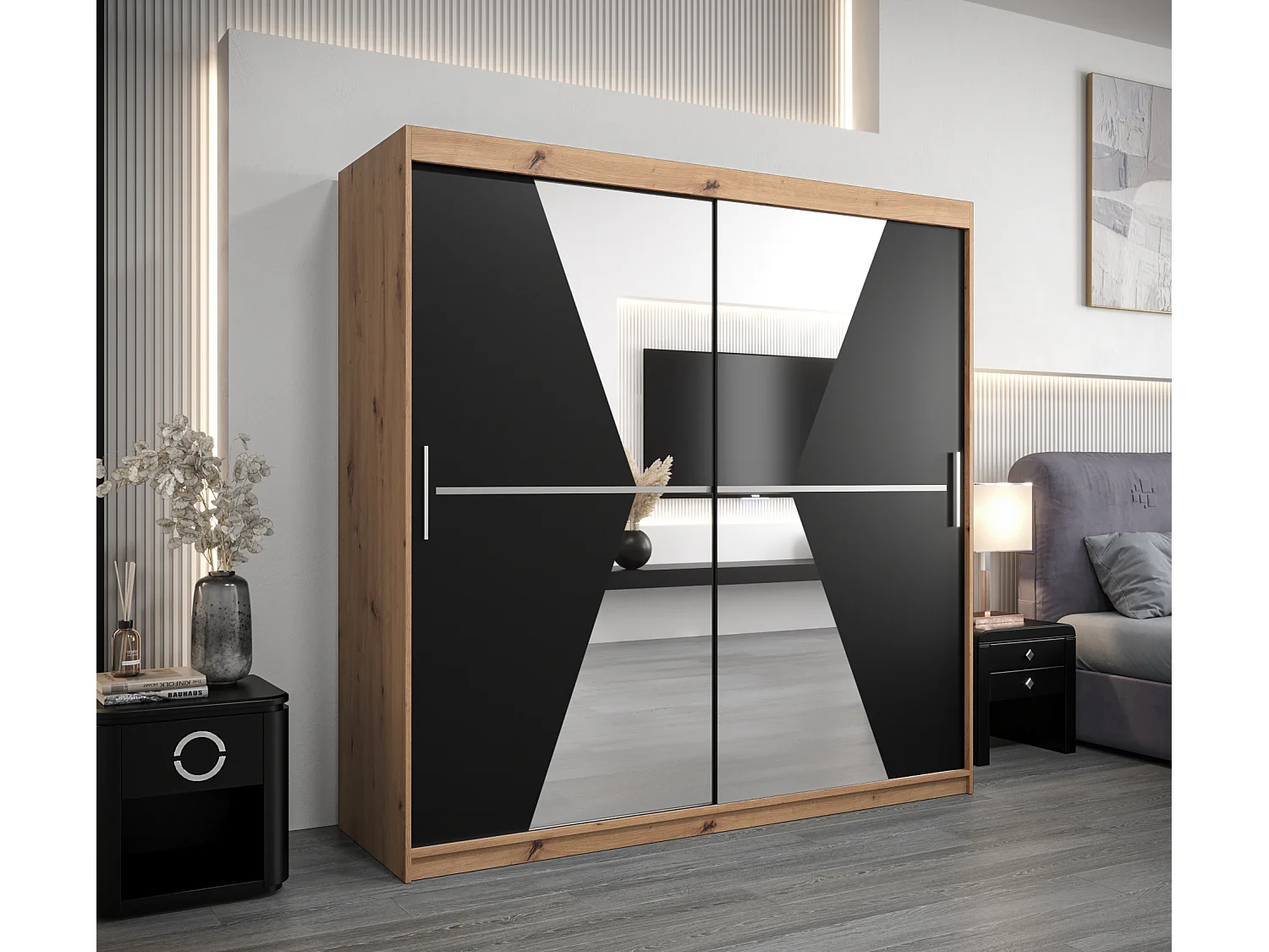 Armoire Maroko À Portes Coulissantes 200/200/62 2 portes (Artisan/Noir)