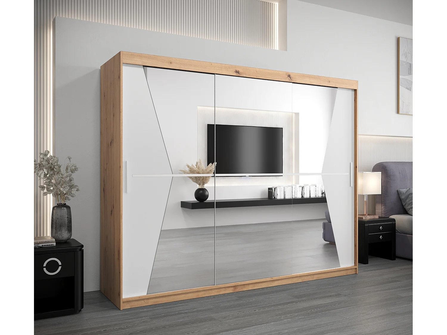 Armoire Maroko À Portes Coulissantes 200/250/62 3 Portes (Artisan/Blanc)