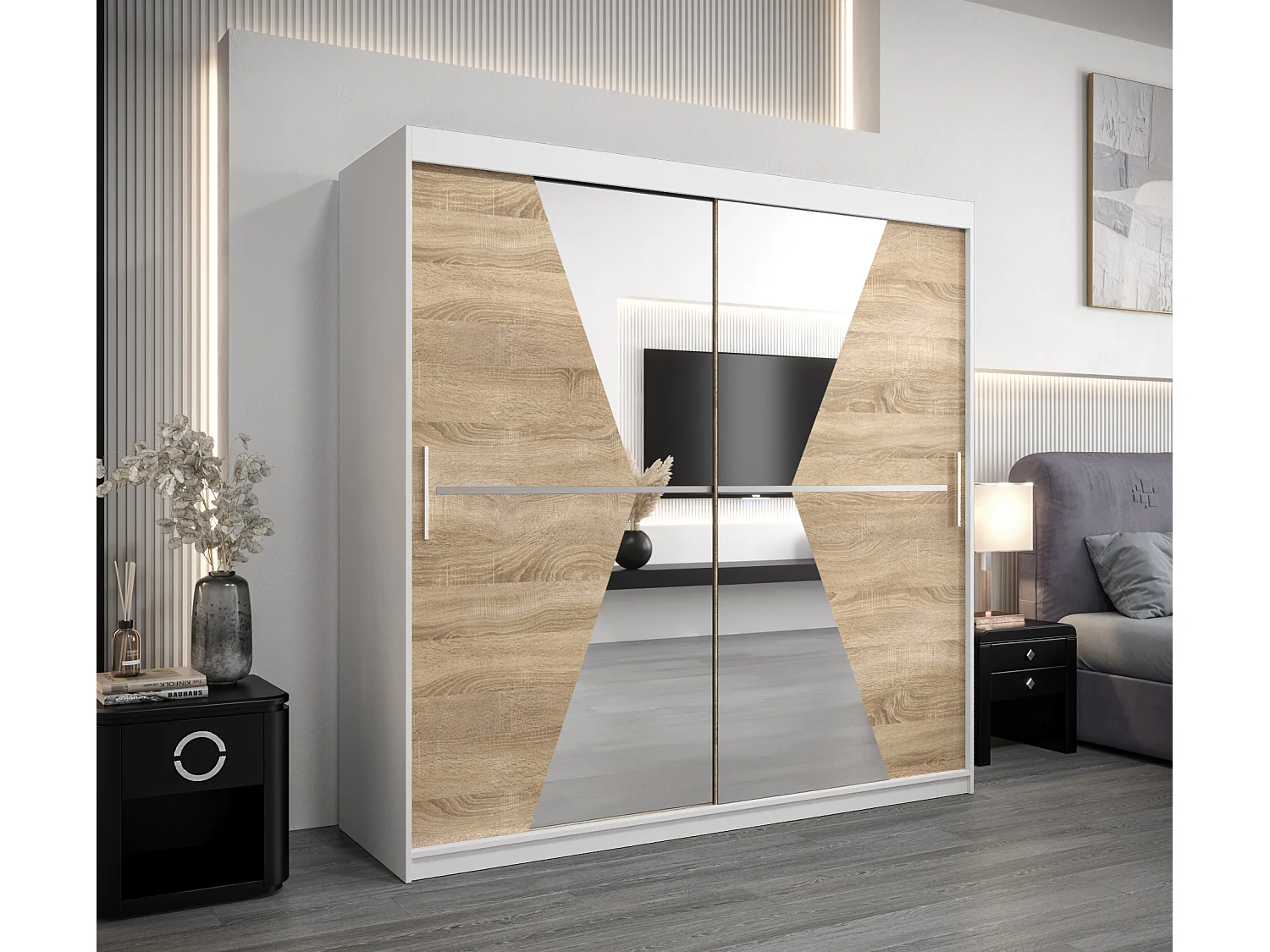 Schwebetürenschrank Maroko 200/200/62 2-Türig (Weiß/Sonoma)