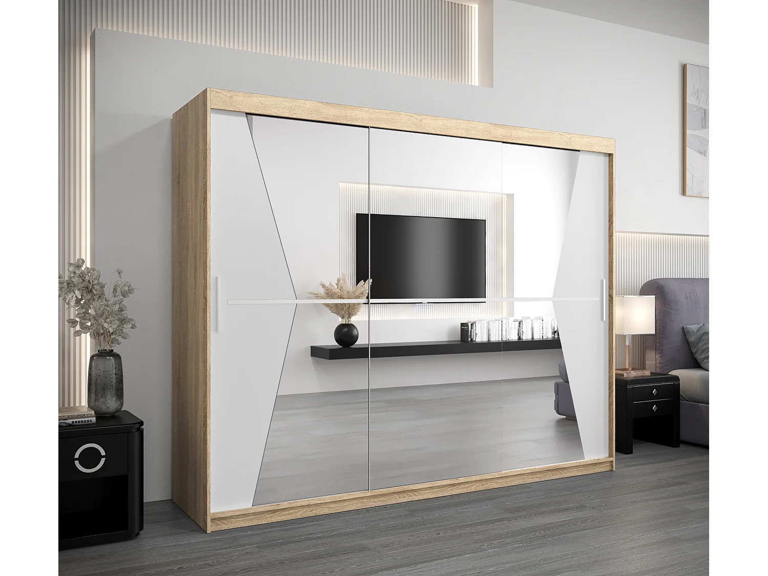 Schwebetürenschrank Maroko 200/250/62 2-Türig (Sonoma/Weiß)