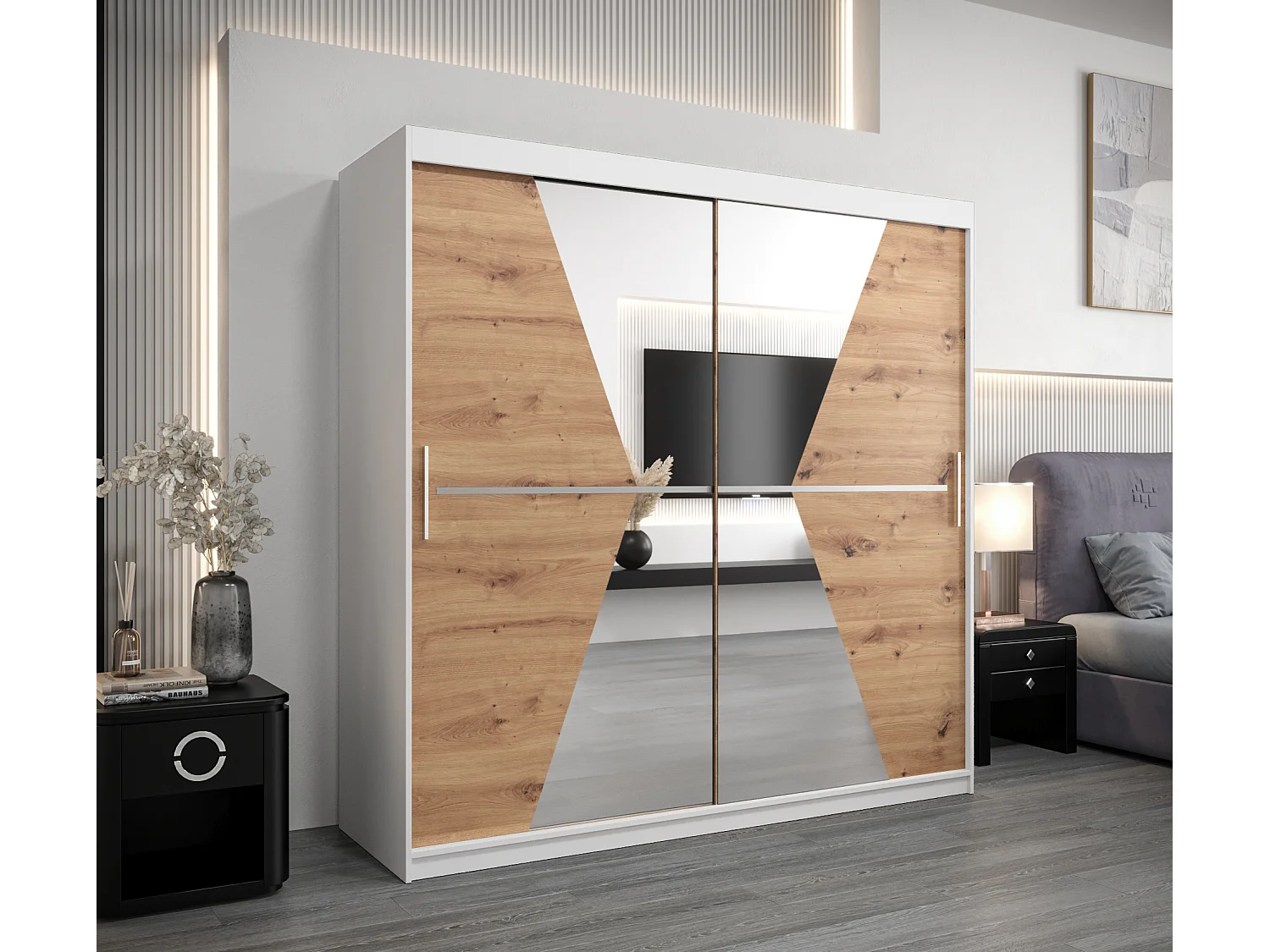 Schwebetürenschrank Maroko 200/200/62 2-Türig (Weiß/Artisan)