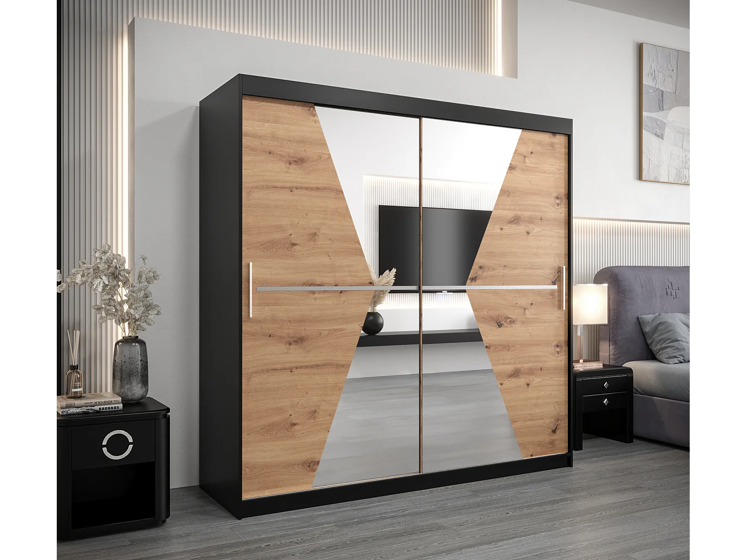 Schwebetürenschrank Maroko 200/200/62 2-Türig (Schwarz/Artisan)