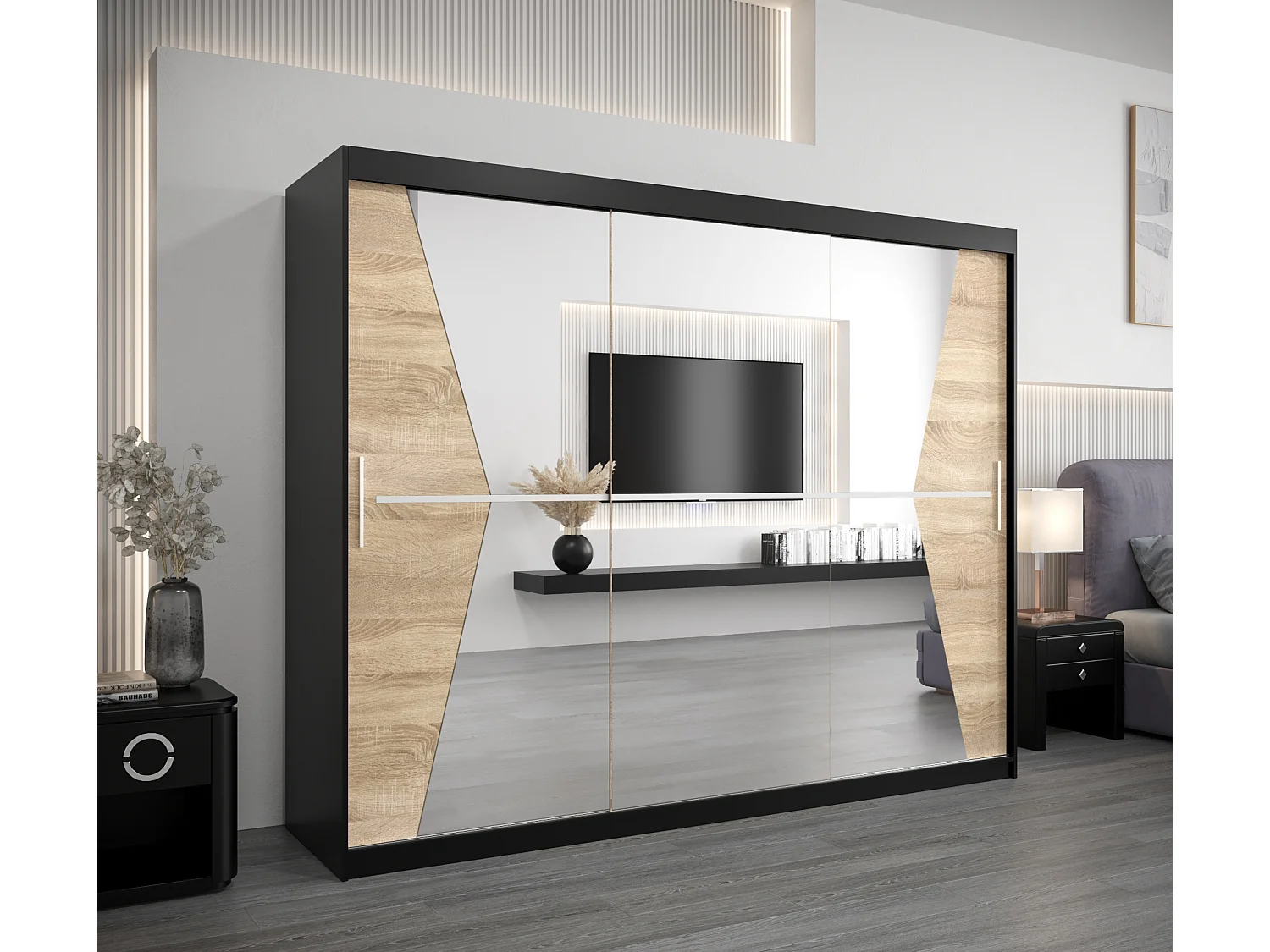 Armoire Maroko À Portes Coulissantes 200/250/62 3 Portes (Noir/Sonoma)