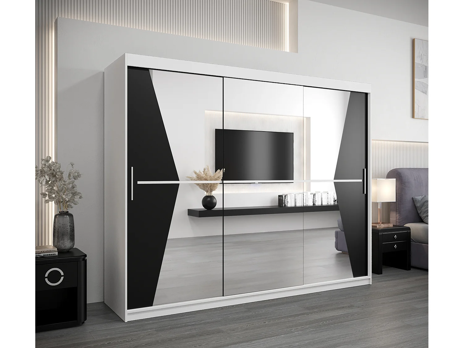 Armoire Maroko À Portes Coulissantes 200/250/62 3 Portes (Blanc/Noir)