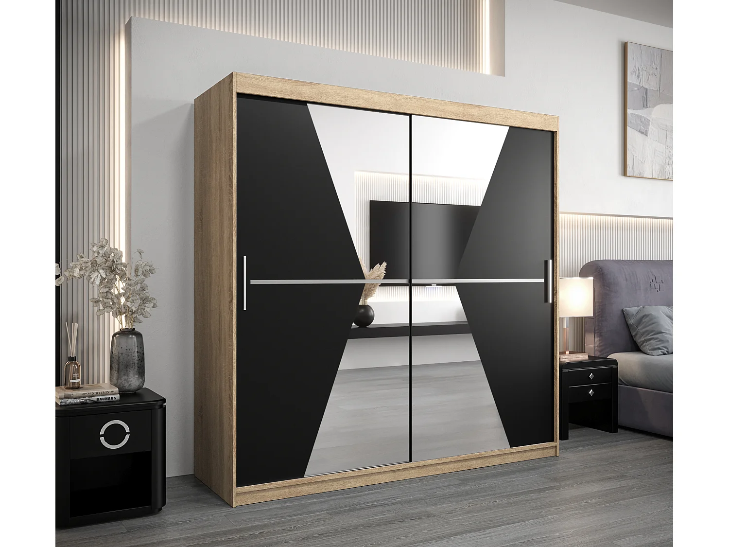 Maroko kledingkast met schuifdeuren 200/200/62 2 deuren (sonoma/zwart)