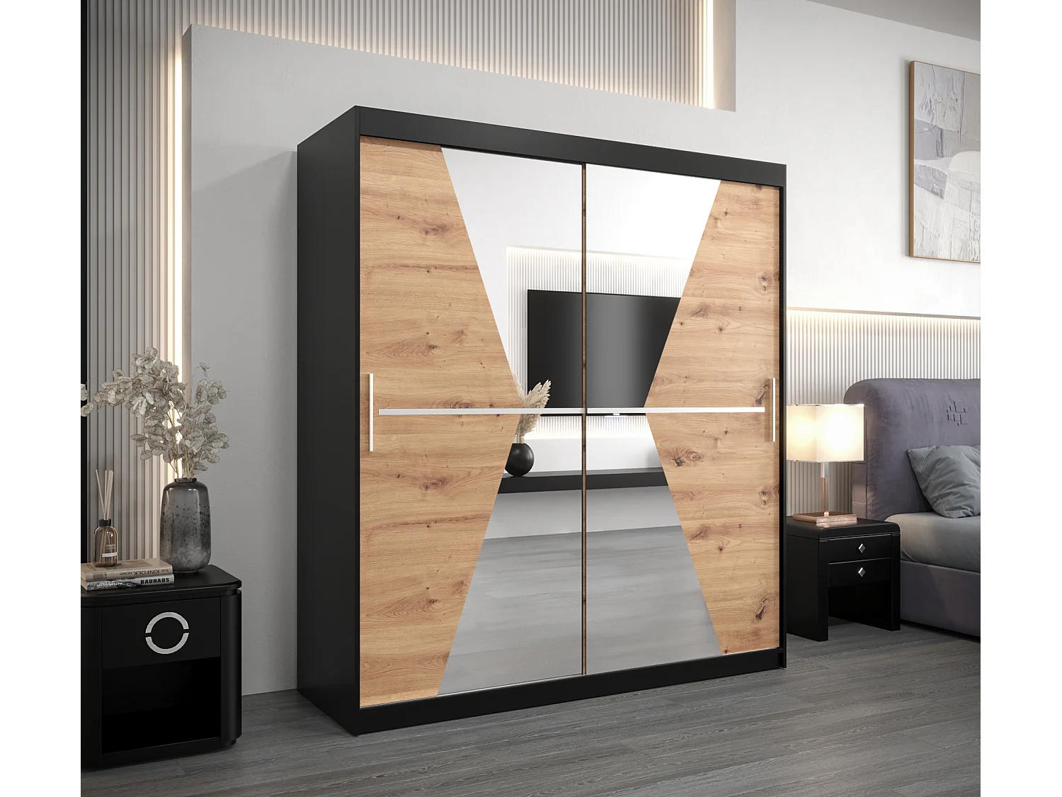 Armoire Maroko À Portes Coulissantes 200/180/62 2 portes (Noir/Artisan)