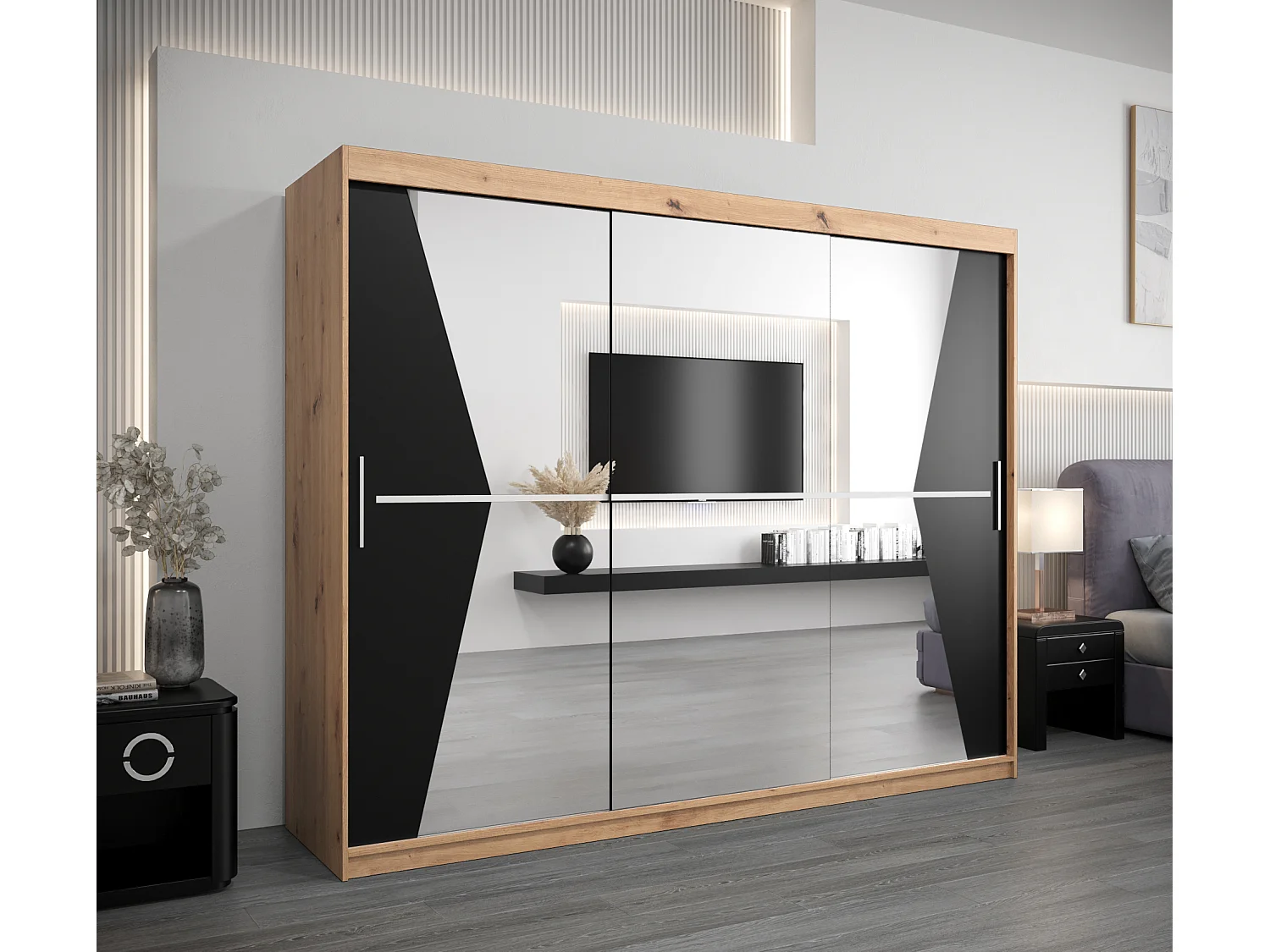 Armoire Maroko À Portes Coulissantes 200/250/62 3 Portes (Artisan/Noir)