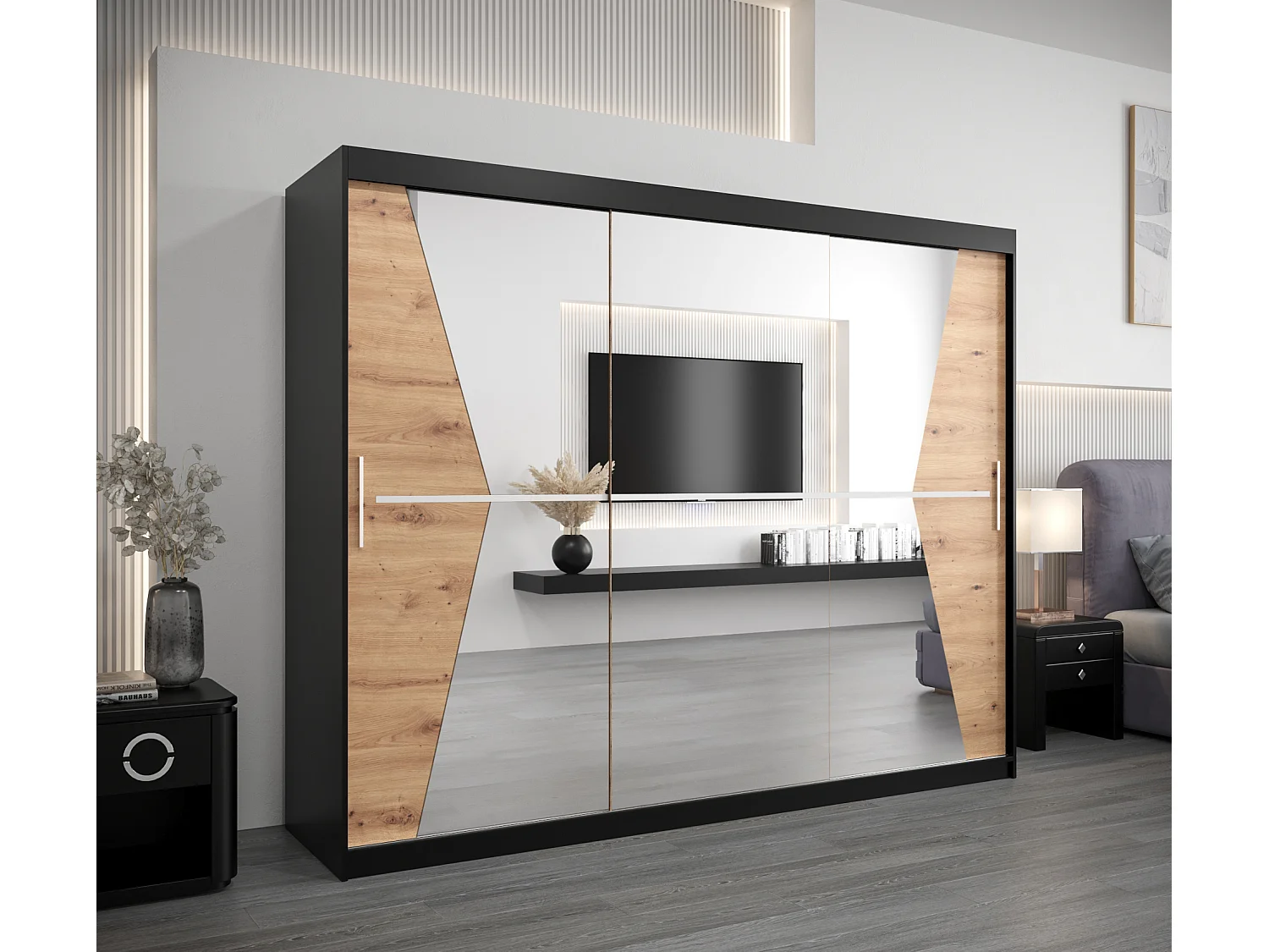 Armoire Maroko À Portes Coulissantes 200/250/62 3 Portes (Noir/Artisan)