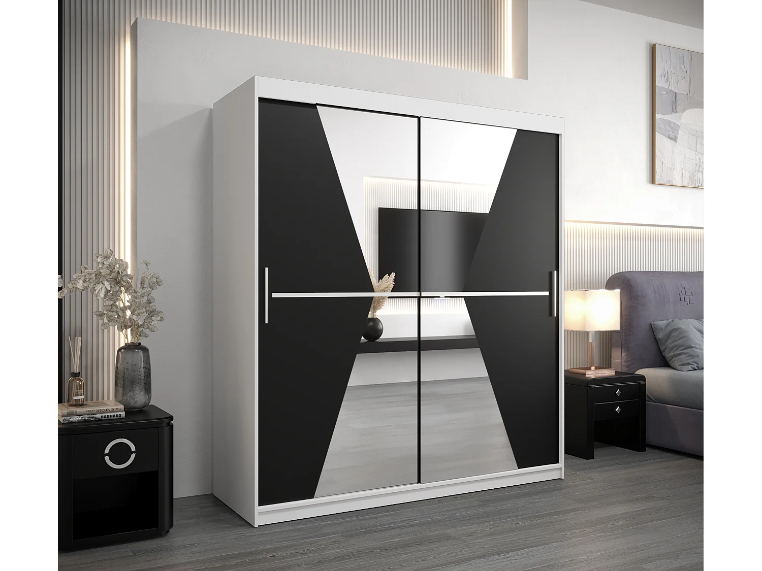 Armoire Maroko À Portes Coulissantes 200/180/62 2 portes (Blanc/Noir)