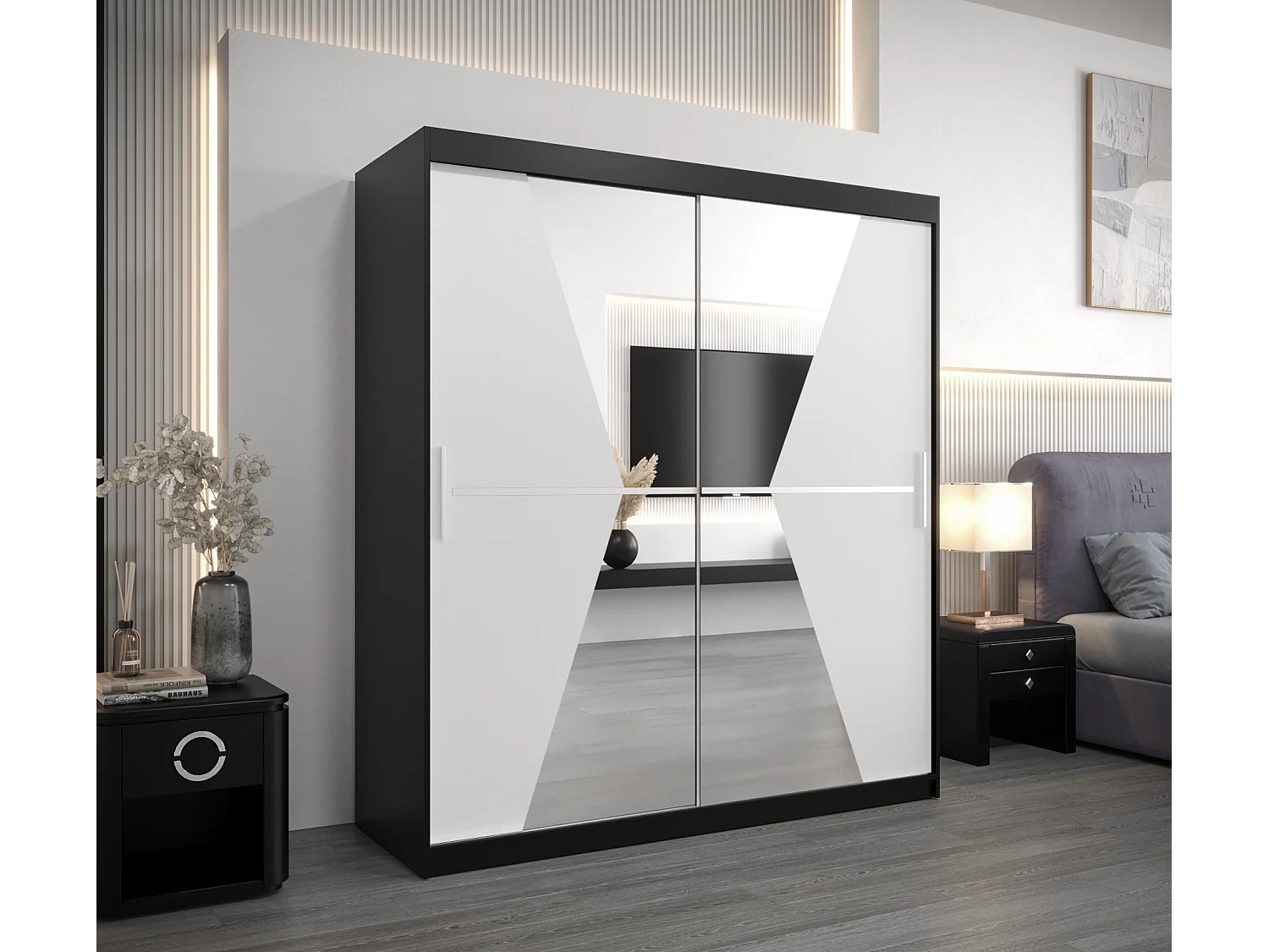 Armadio Maroko ad ante scorrevoli 200/180/62 2 porte (nero/bianco)