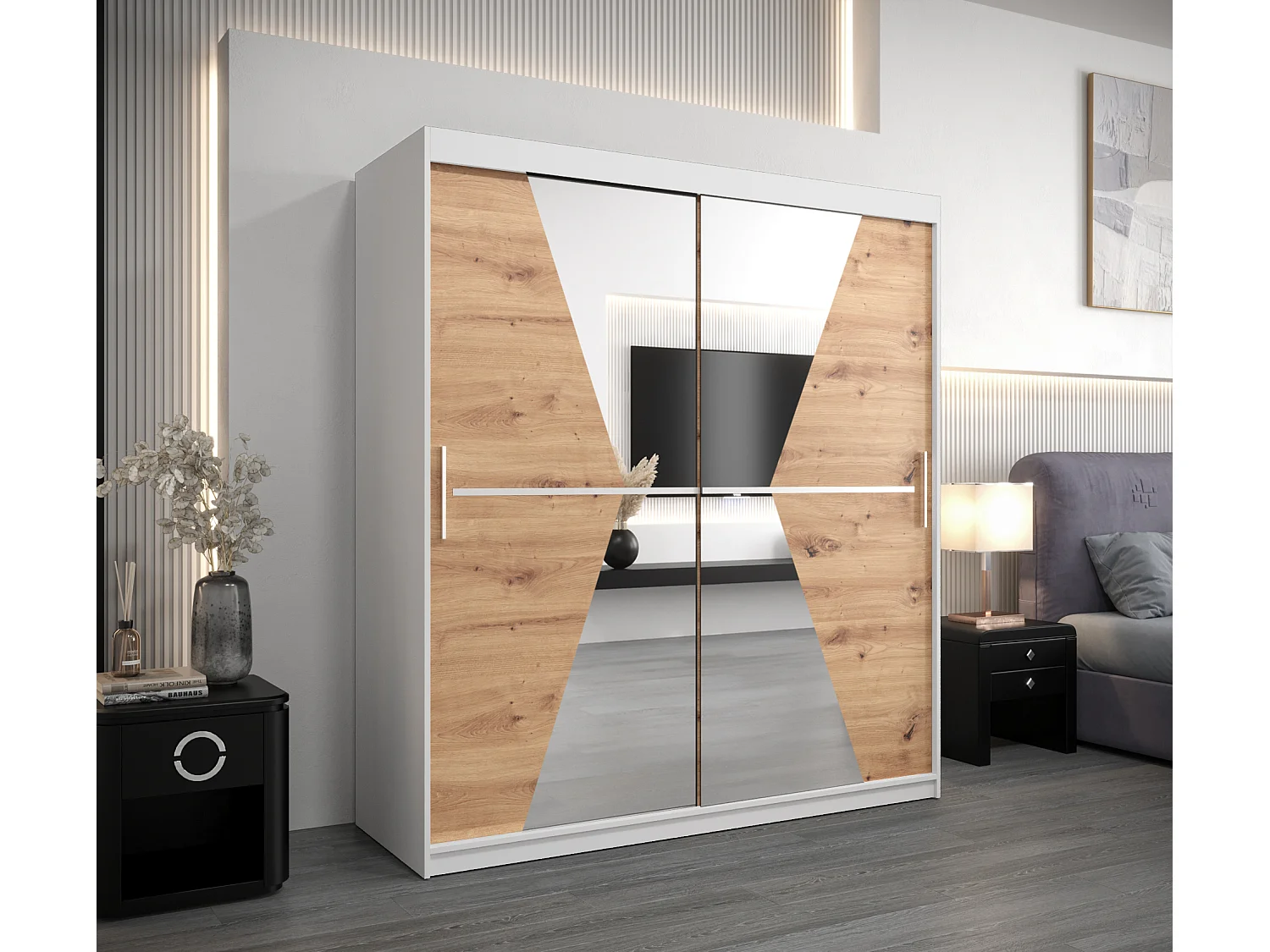 Schwebetürenschrank Maroko 200/180/62 2-Türig (Weiß/Artisan)