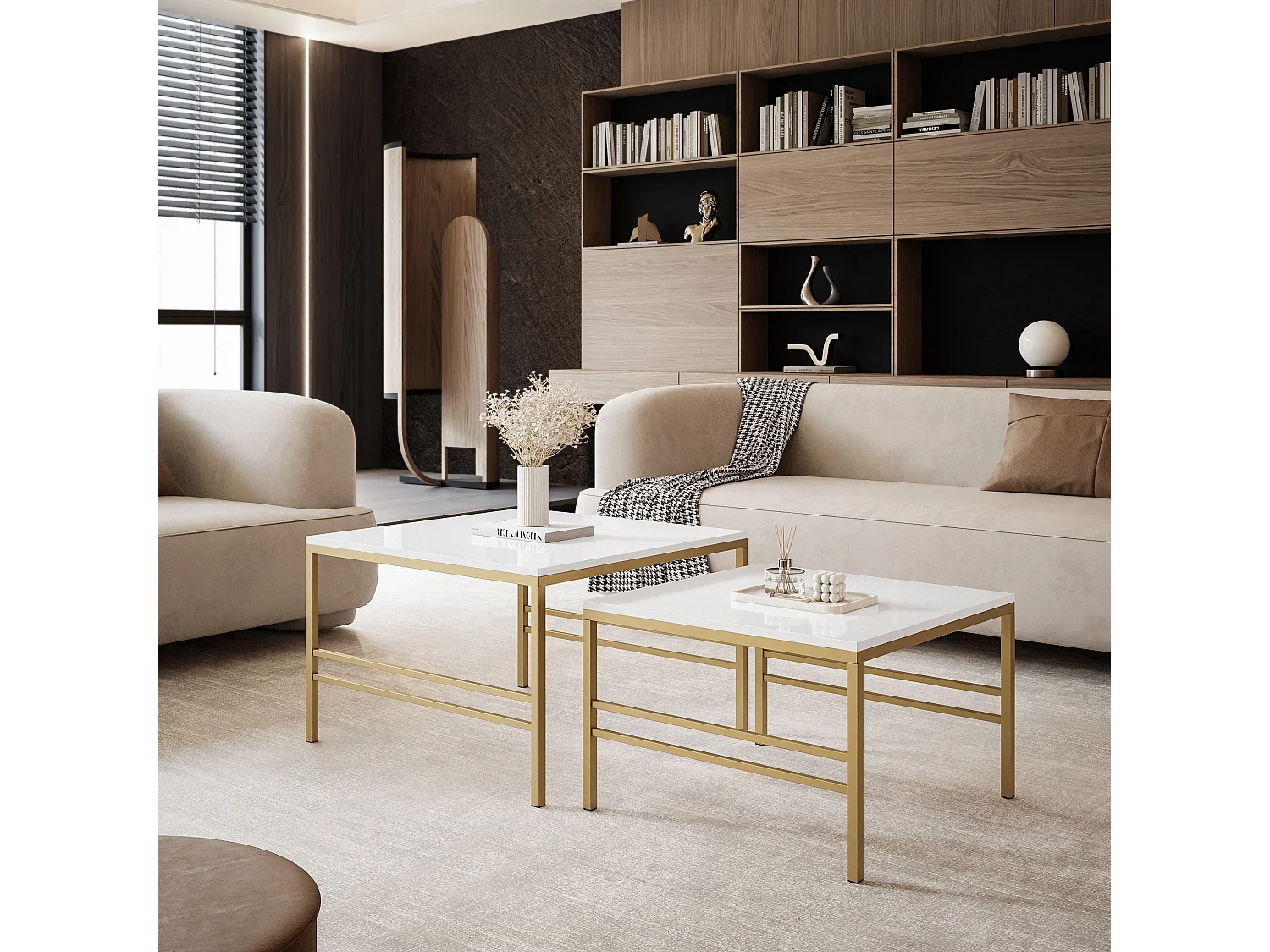 Table basse gigogne 2en1 BlancBrillant, armature en or mat