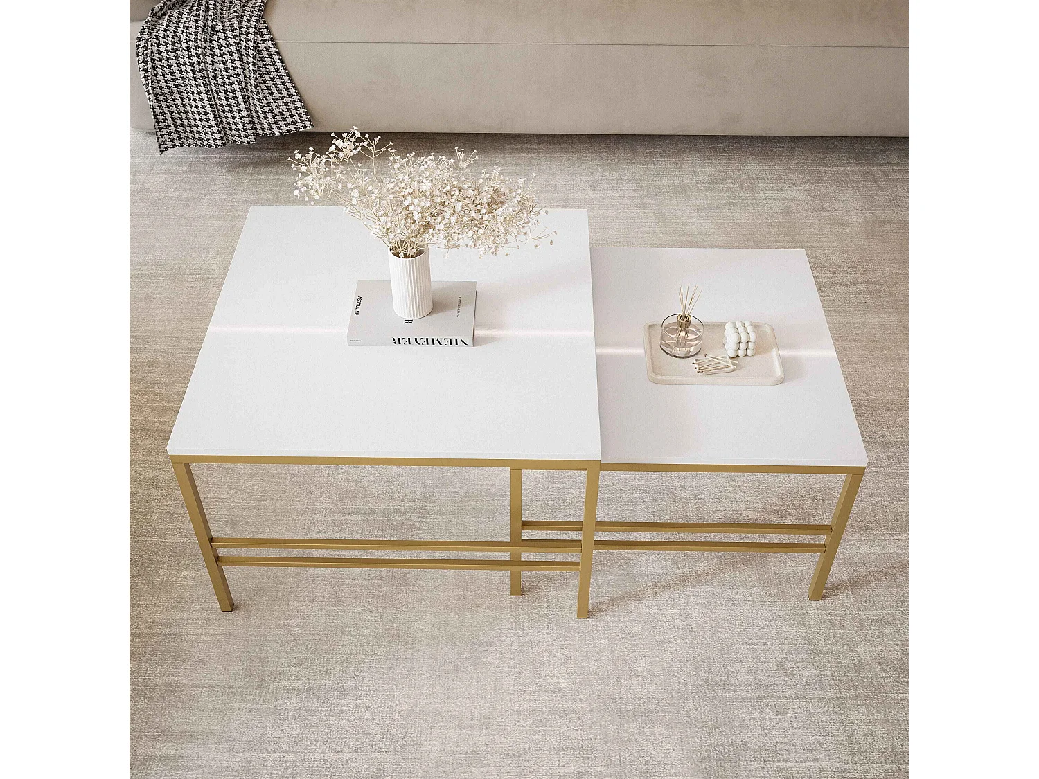 Table basse gigogne 2en1 BlancBrillant, armature en or mat