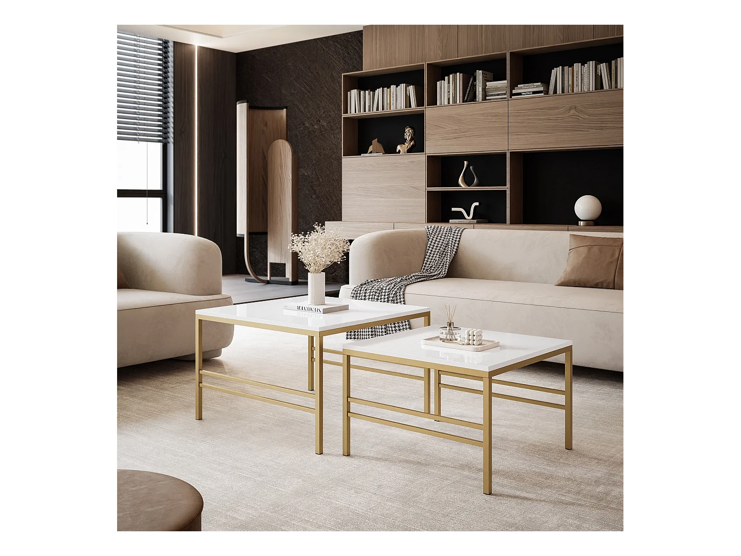 Table basse gigogne 2en1 BlancBrillant, armature en or mat