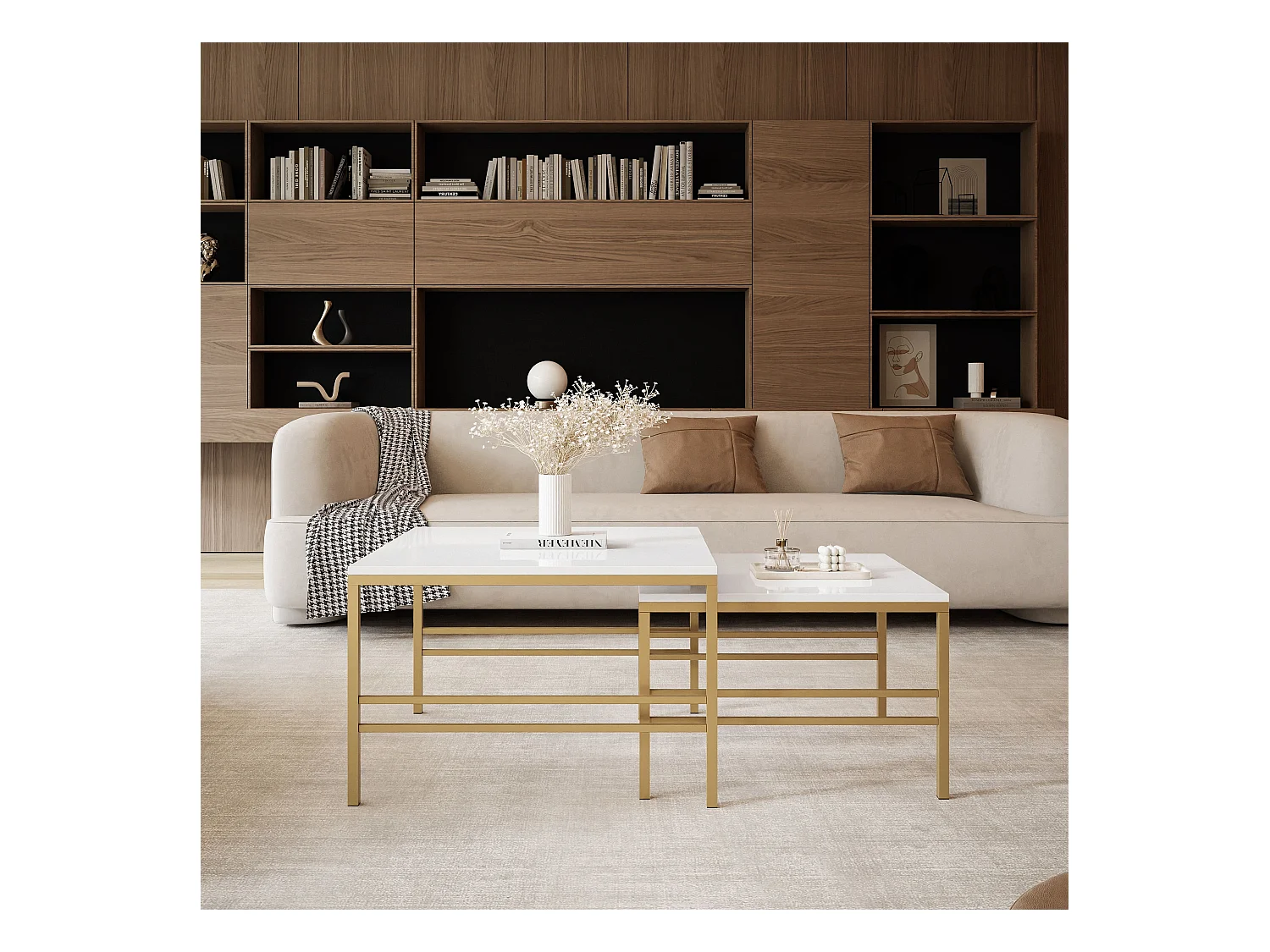 Table basse gigogne 2en1 BlancBrillant, armature en or mat