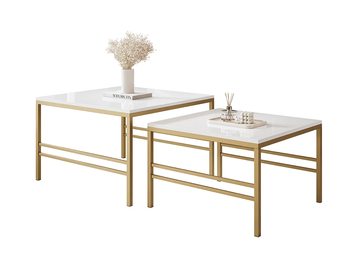 Table basse gigogne 2en1 BlancBrillant, armature en or mat
