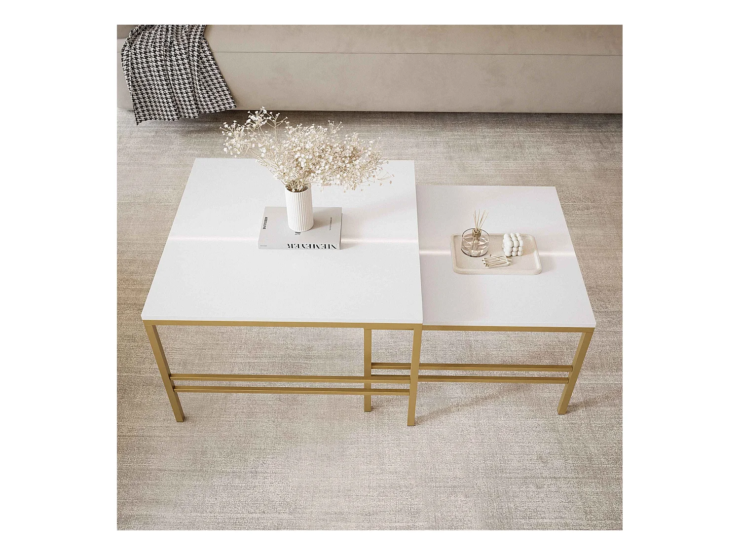 Table basse gigogne 2en1 BlancBrillant, armature en or mat