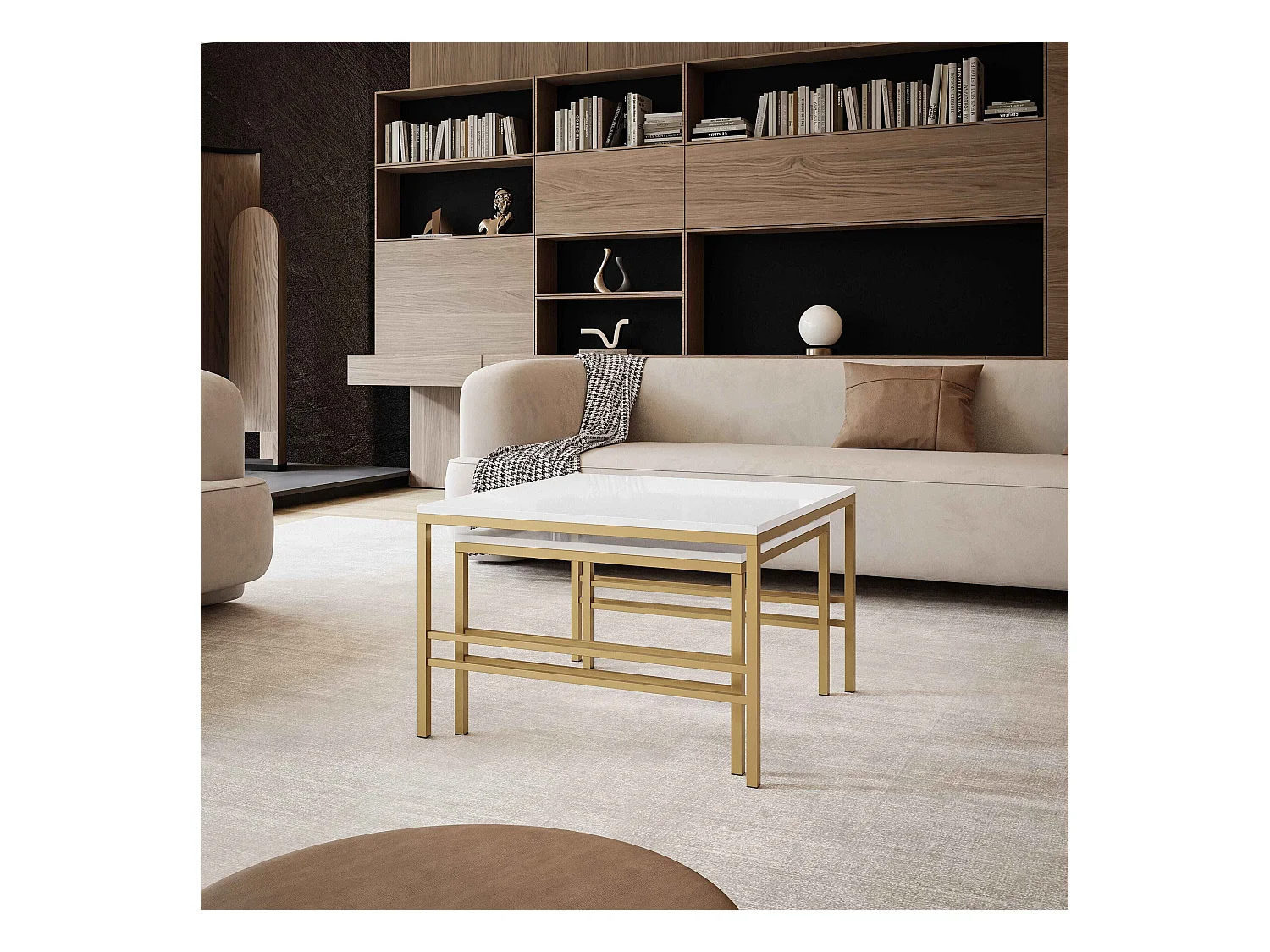 Table basse gigogne 2en1 BlancBrillant, armature en or mat