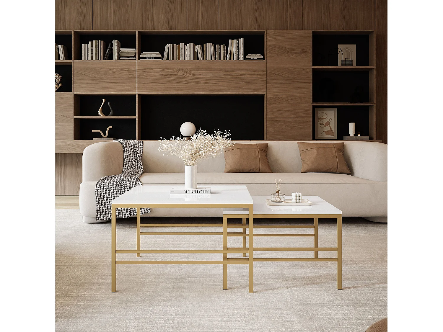 Table basse gigogne 2en1 BlancBrillant, armature en or mat