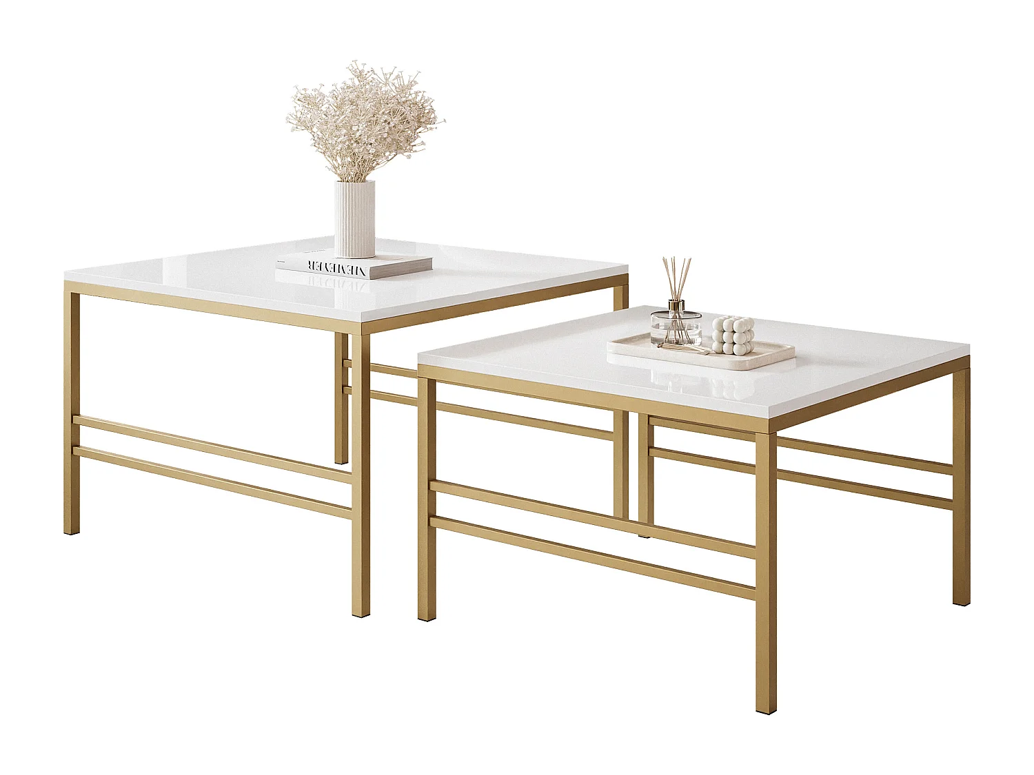 Table basse gigogne 2en1 BlancBrillant, armature en or mat