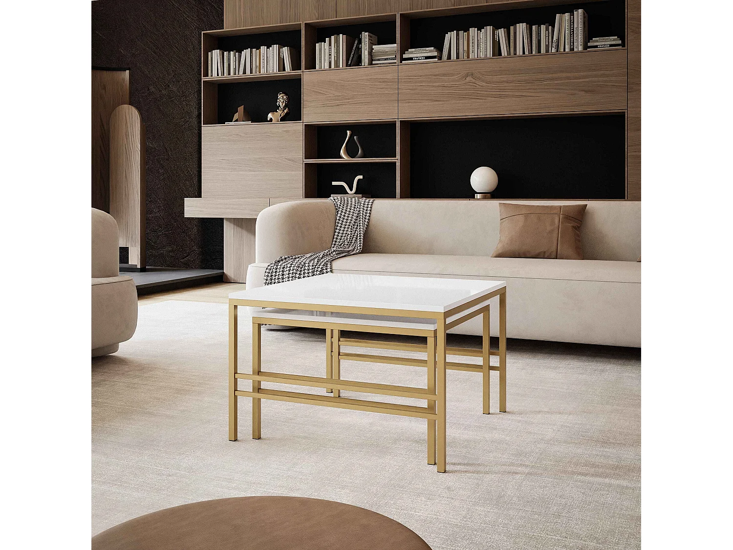 Table basse gigogne 2en1 BlancBrillant, armature en or mat