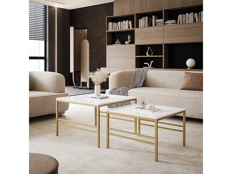 Table basse gigogne 2en1 BlancBrillant, armature en or mat