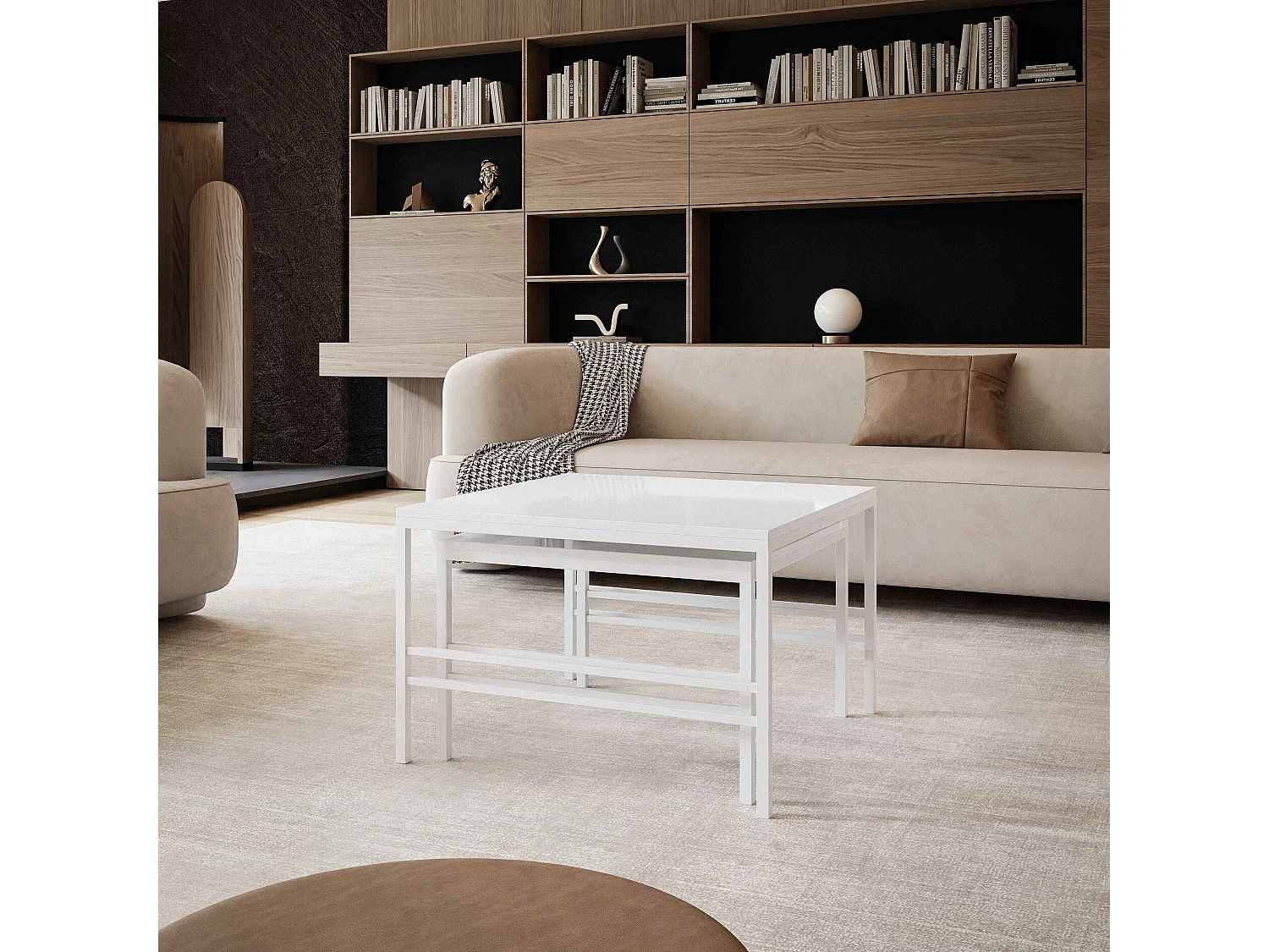 Table basse gigognes 2en1 BlancBrillant, armature en blanc