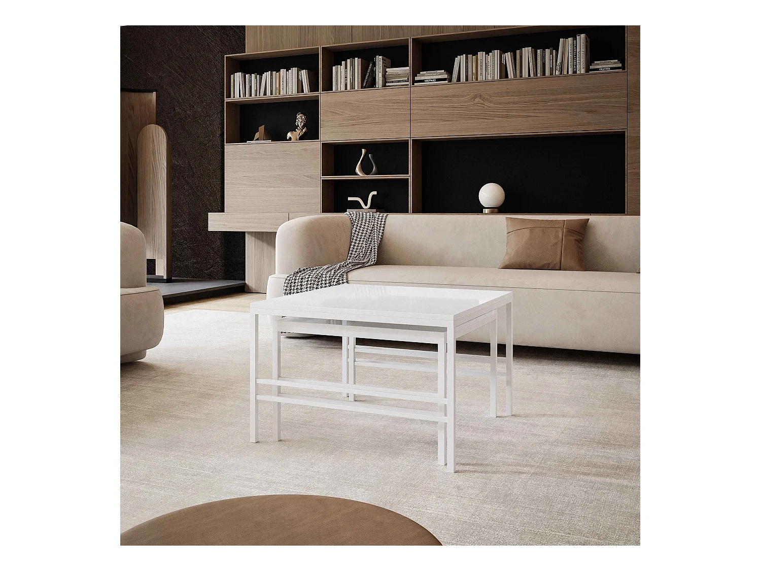 Table basse gigognes 2en1 BlancBrillant, armature en blanc