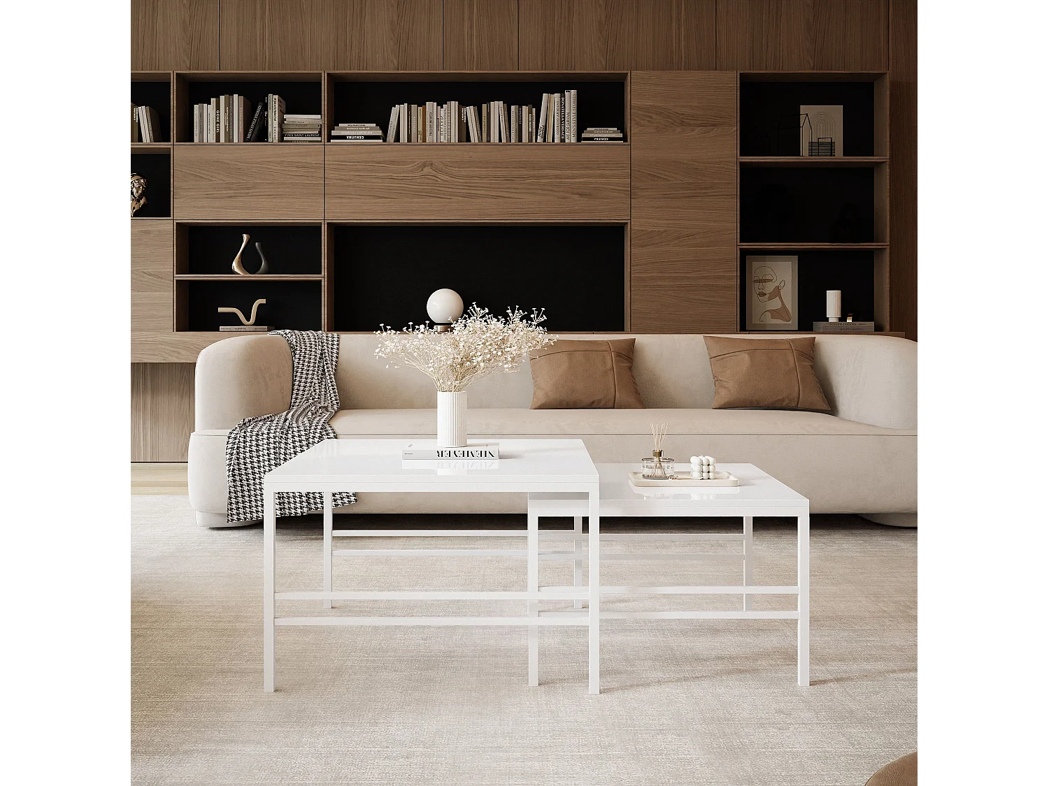 Salontafel set van 2 in 1 fi70/fi60 Glanzend Wit, frame in wit.