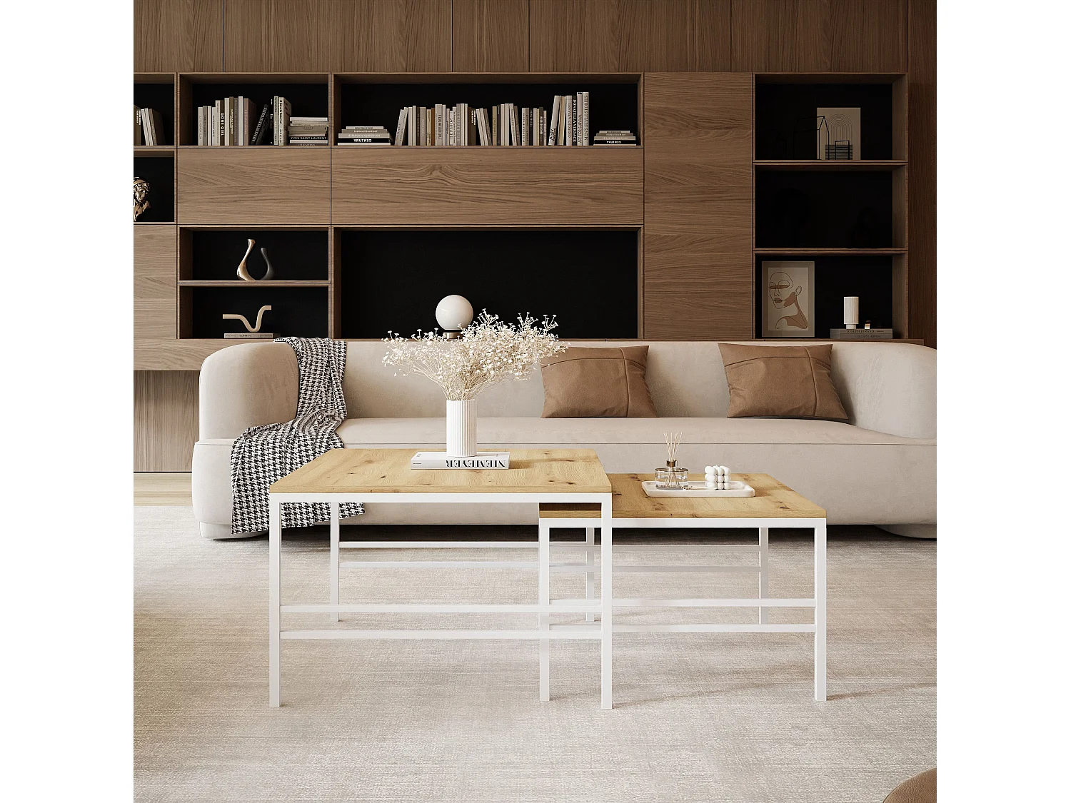 Salontafel set van 2 in 1 fi70/fi60 Eiken Wotan, frame in wit