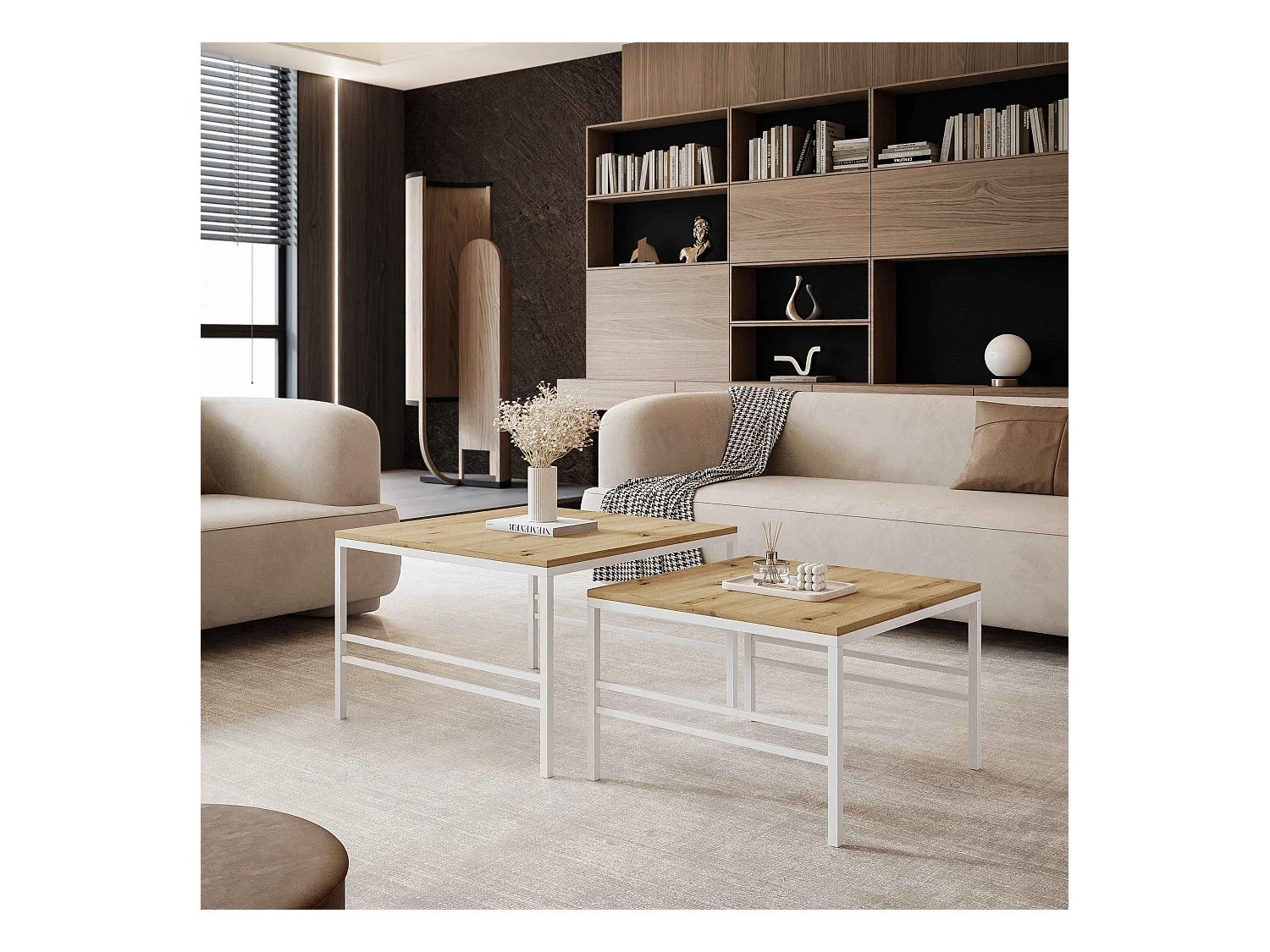 Table basse gigogne 2en1 Chêne Wotan, armature en blanc