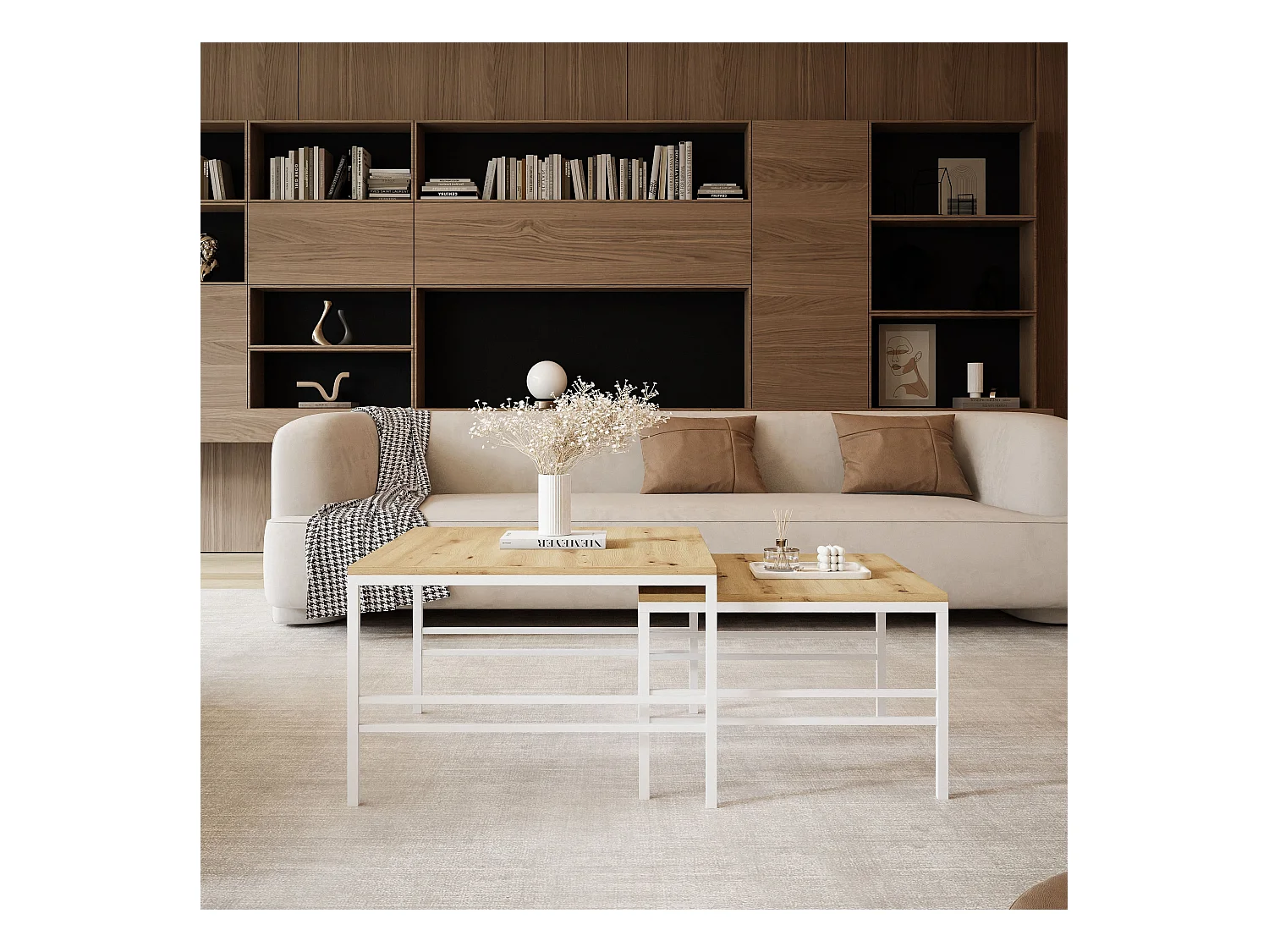 Table basse gigogne 2en1 Chêne Wotan, armature en blanc