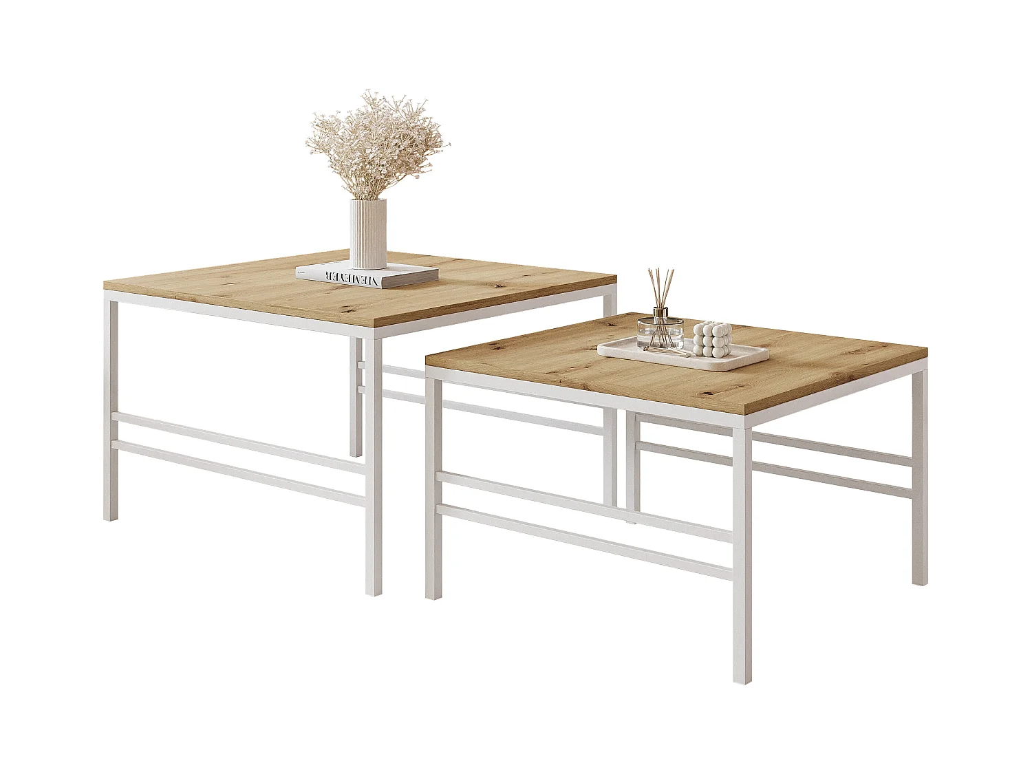 Table basse gigogne 2en1 Chêne Wotan, armature en blanc