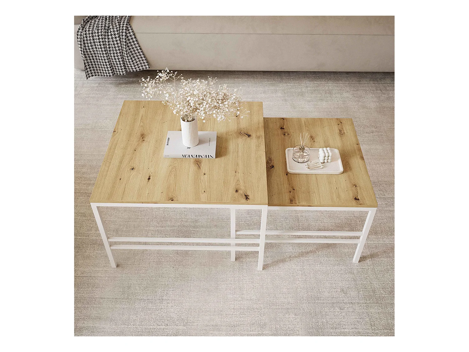 Table basse gigogne 2en1 Chêne Wotan, armature en blanc