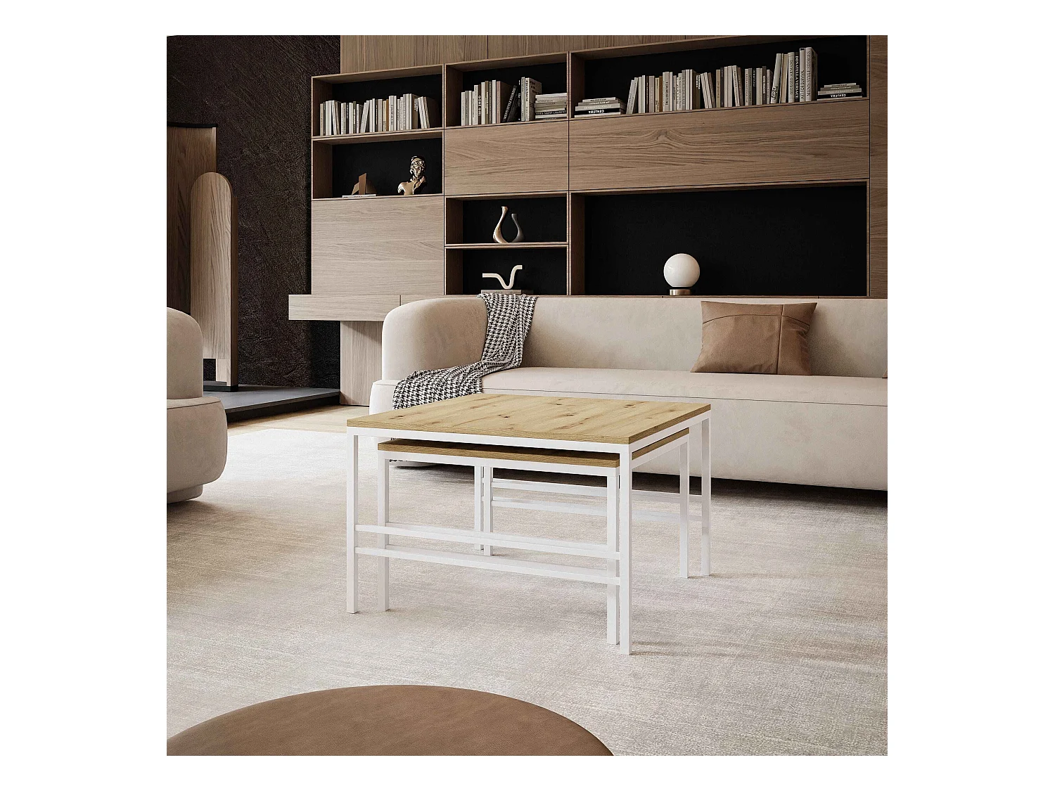 Table basse gigogne 2en1 Chêne Wotan, armature en blanc