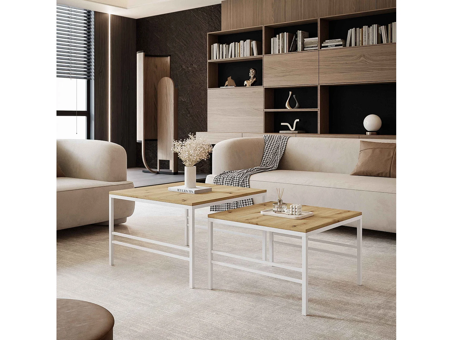 Table basse gigogne 2en1 Chêne Wotan, armature en blanc