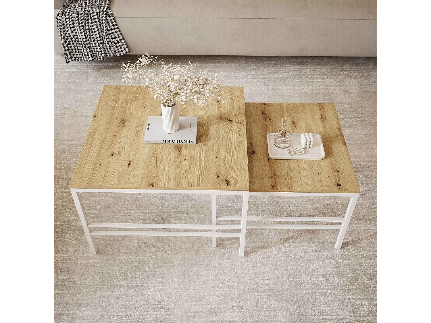 Table basse gigogne 2en1 Chêne Wotan, armature en blanc