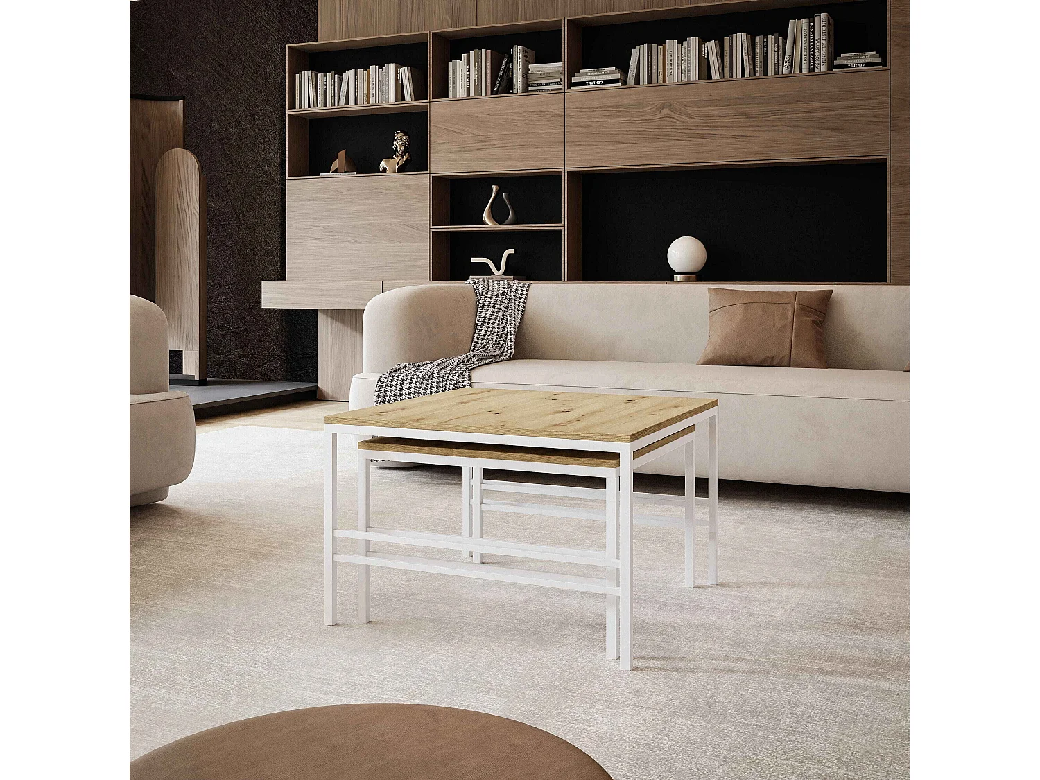 Table basse gigogne 2en1 Chêne Wotan, armature en blanc