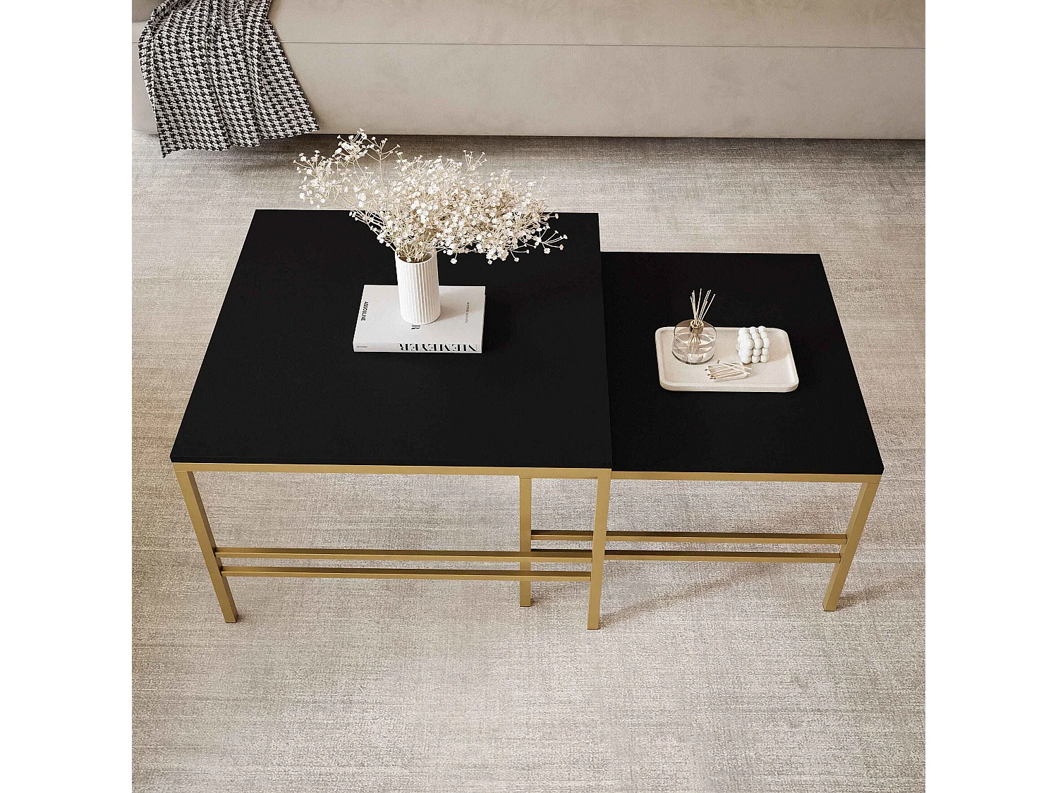 Table basse gigogne 2en1 Noir mat, armature en or mat