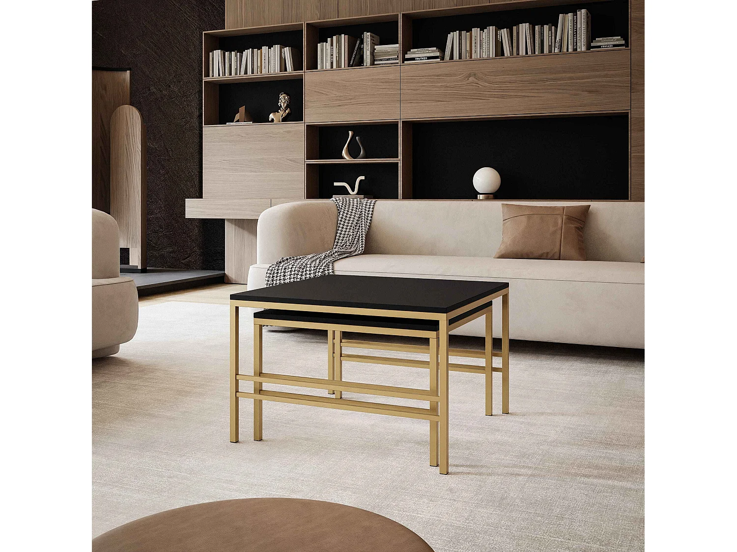 Table basse gigogne 2en1 Noir mat, armature en or mat