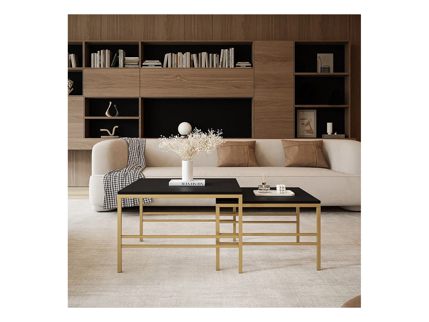 Table basse gigogne 2en1 Noir mat, armature en or mat