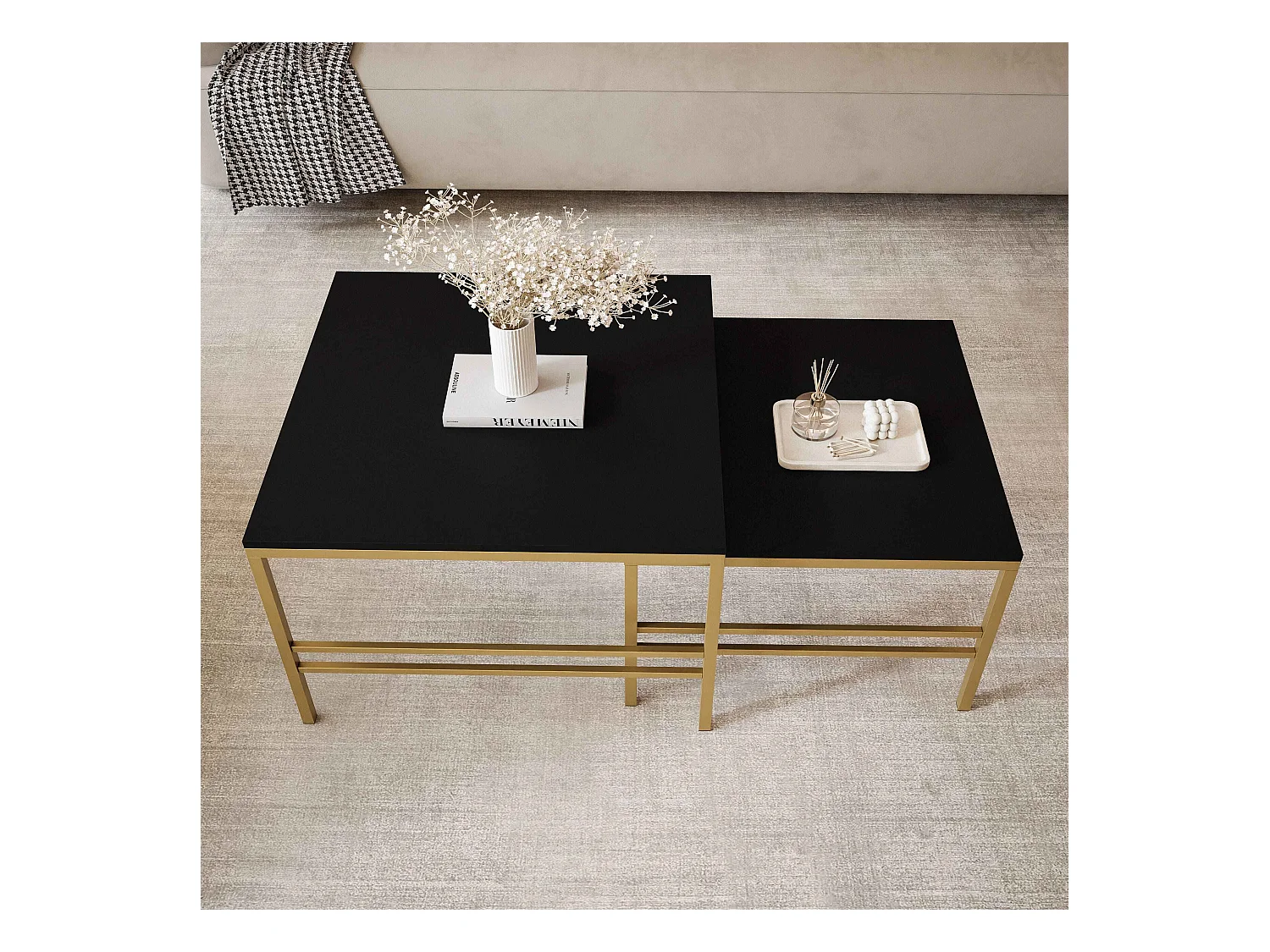 Table basse gigogne 2en1 Noir mat, armature en or mat