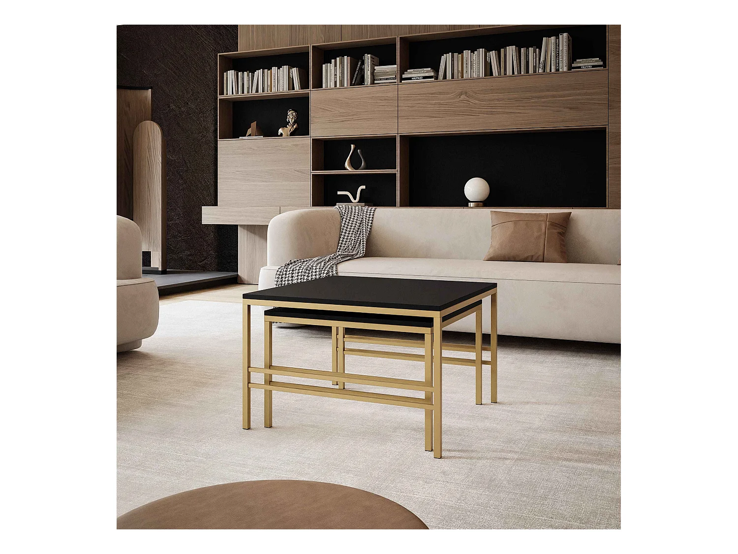 Table basse gigogne 2en1 Noir mat, armature en or mat