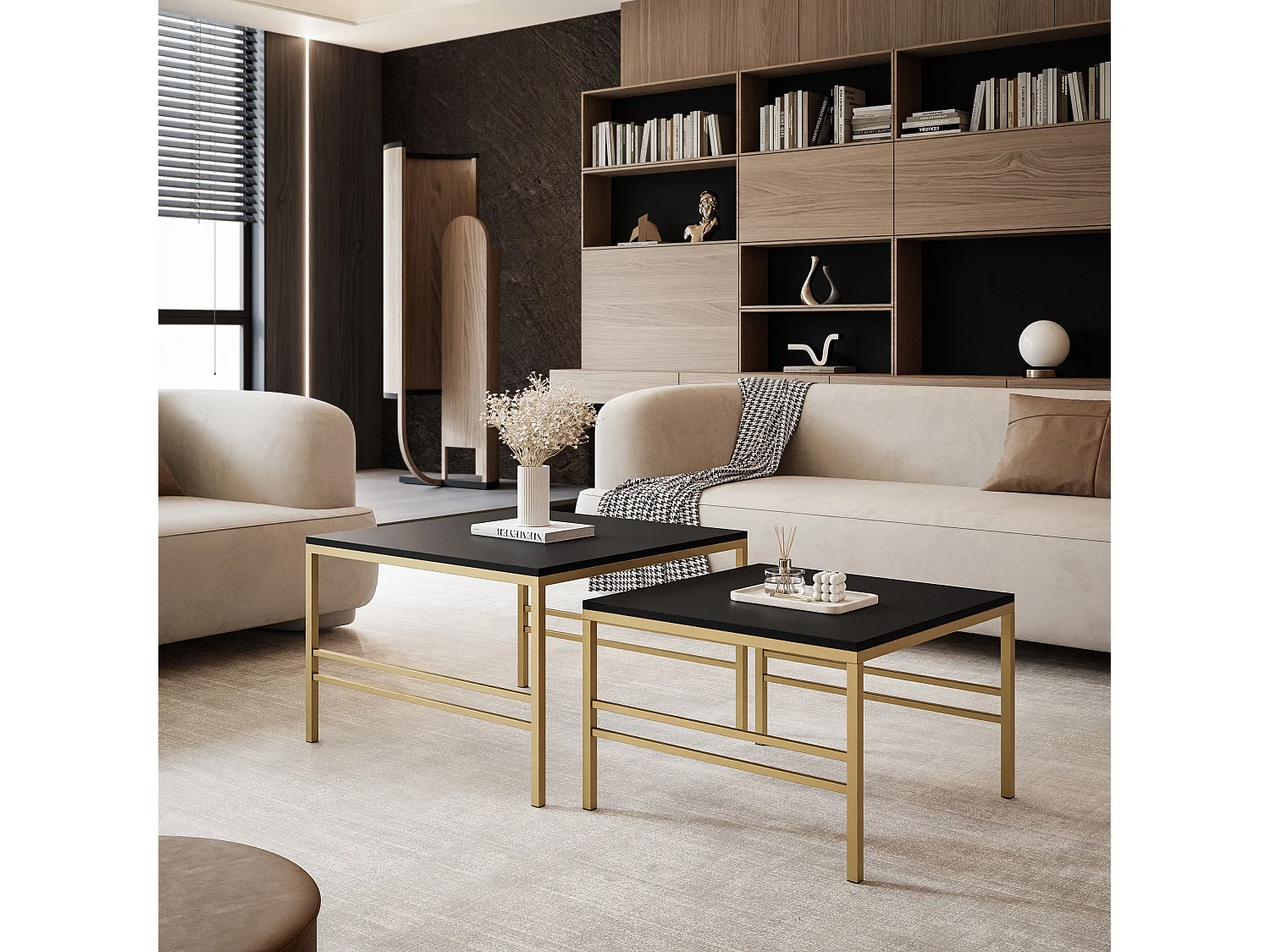 Couchtisch 2-in-1 fi70/fi60 Mattschwarz, Rahmen in Mattgold