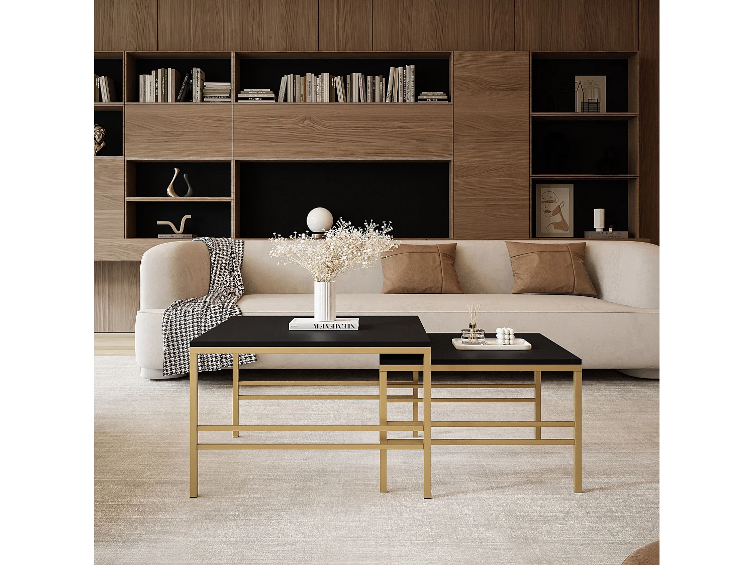 Couchtisch 2-in-1 fi70/fi60 Mattschwarz, Rahmen in Mattgold