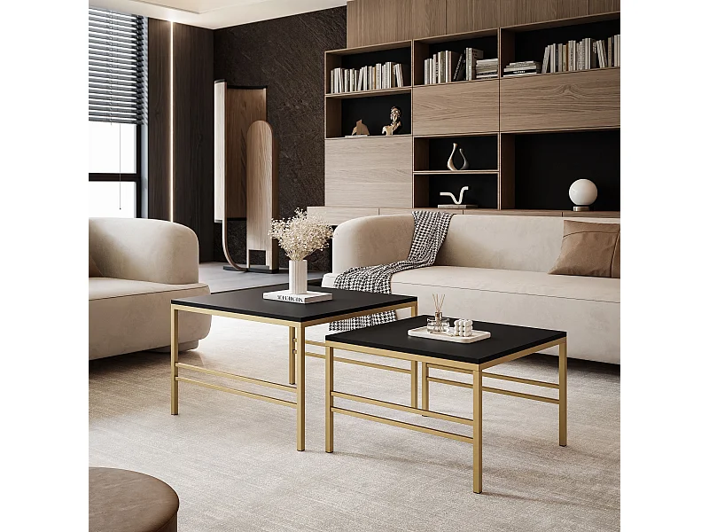 Salontafel set van 2 in 1 fi70/fi60 Mat Zwart, frame in Mat Goud